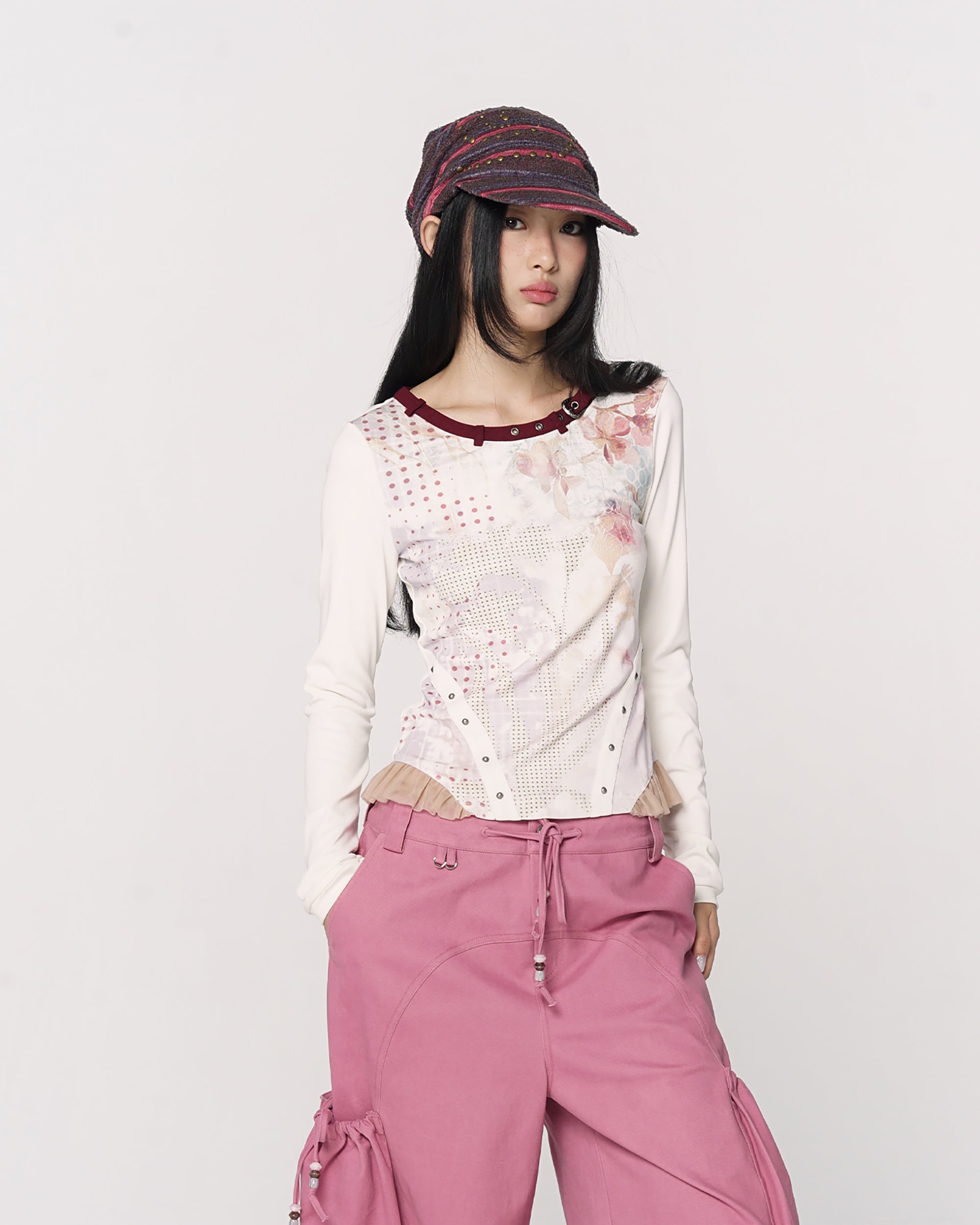 CONFUN Floral Full-Print Rivet Long-Sleeve Tee