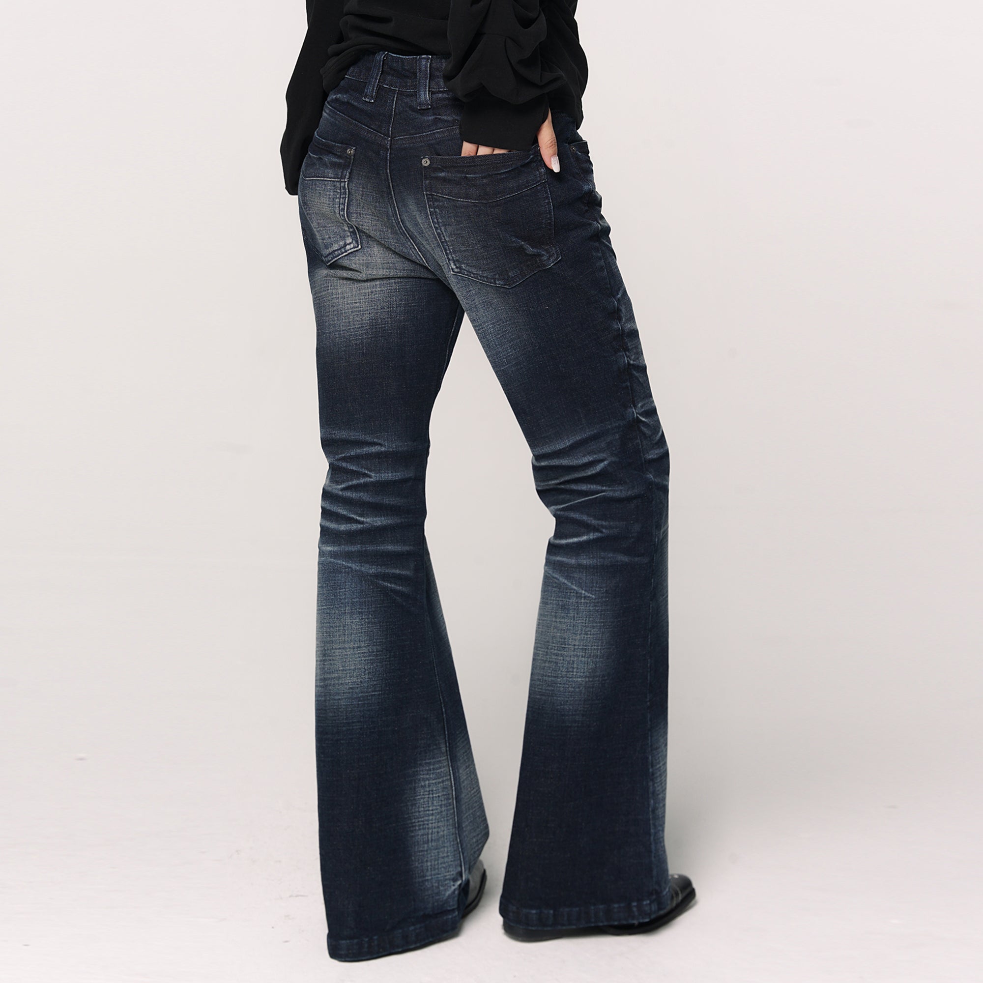 CONFUN Retro Whiskered Washed Flared Jeans