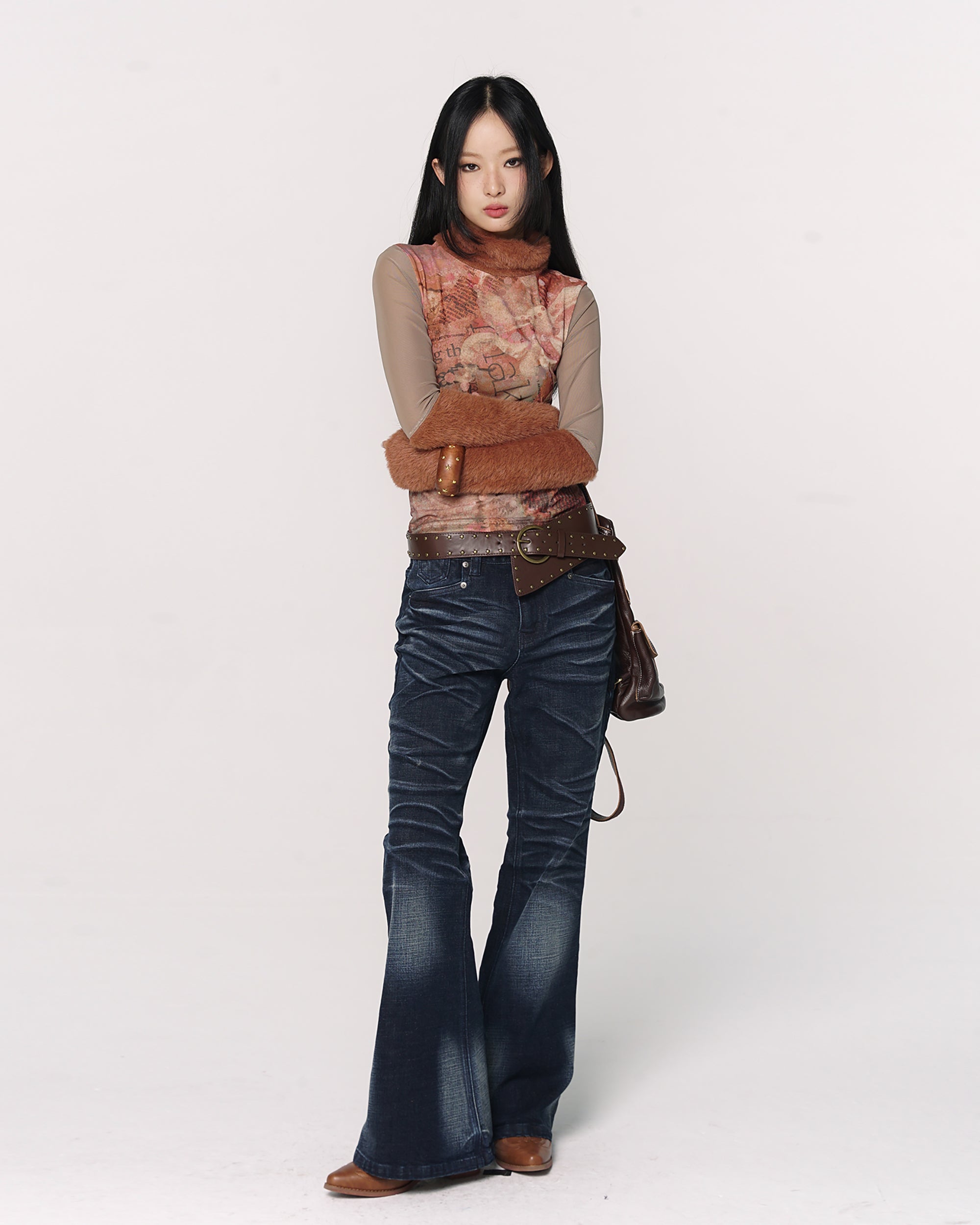 CONFUN Retro Full-Print Paneled Turtleneck Mesh Tee