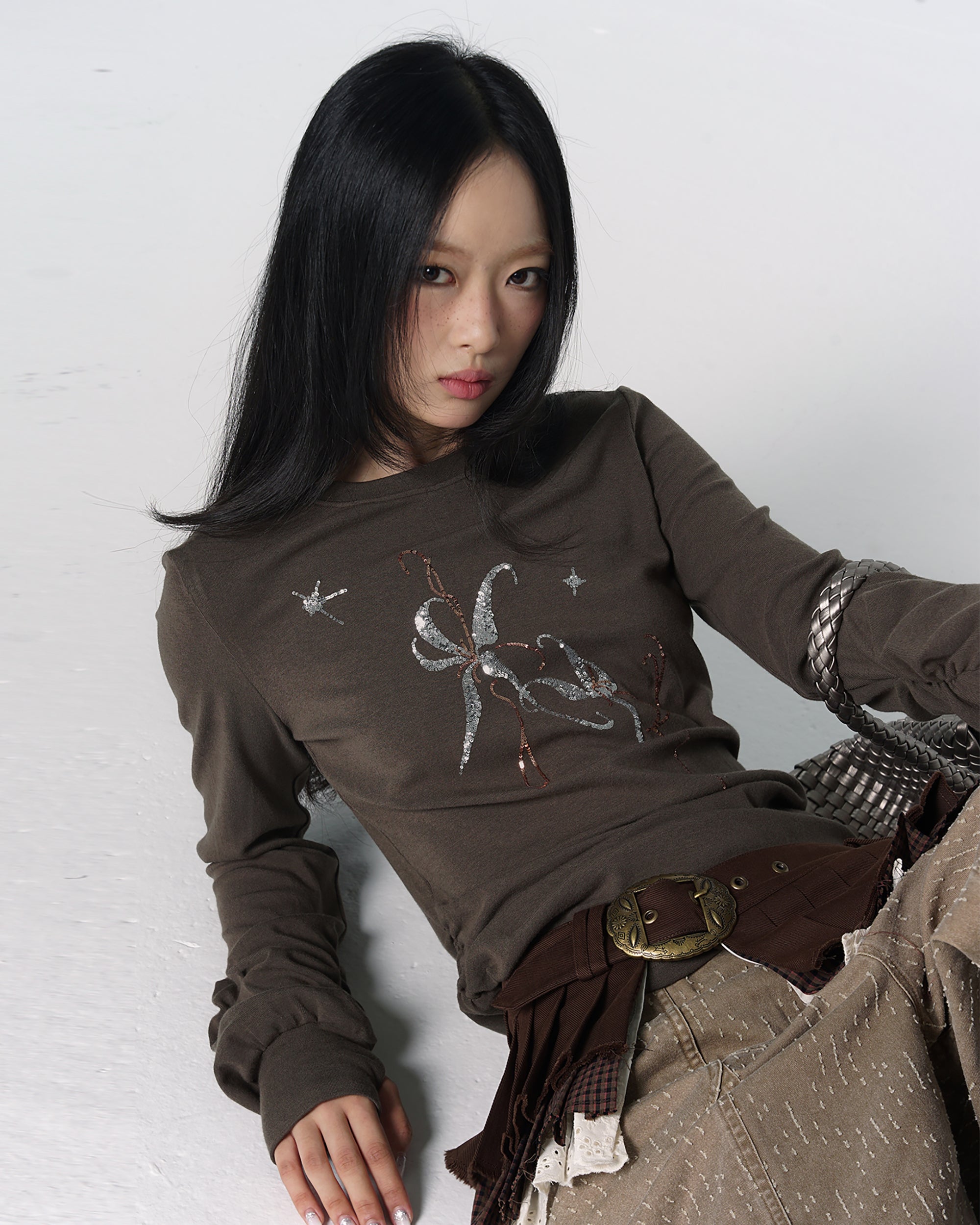 CONFUN Sequin Embroidered Ruched Long-Sleeve Tee