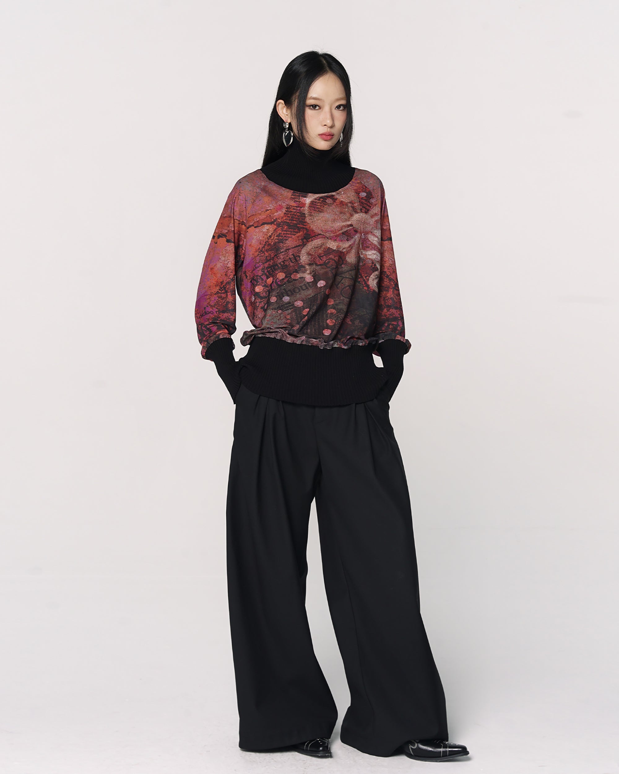 CONFUN Floral Mesh Ribbed Cuff Pullover
