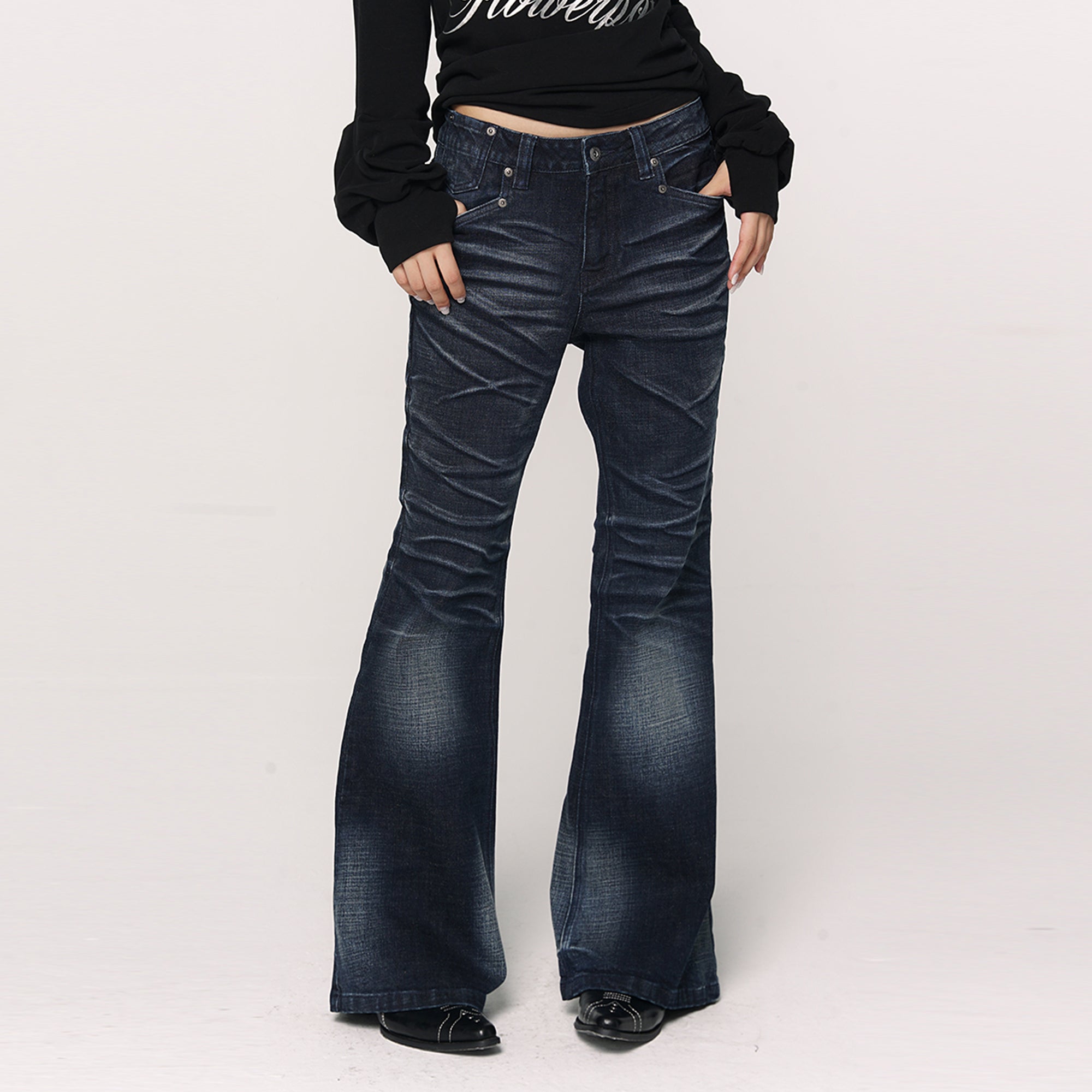 CONFUN Retro Whiskered Washed Flared Jeans
