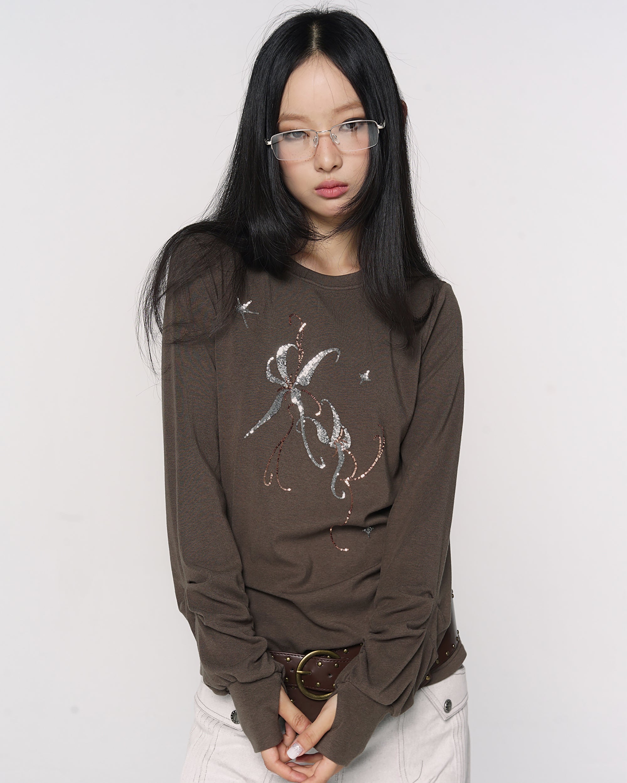 CONFUN Sequin Embroidered Ruched Long-Sleeve Tee