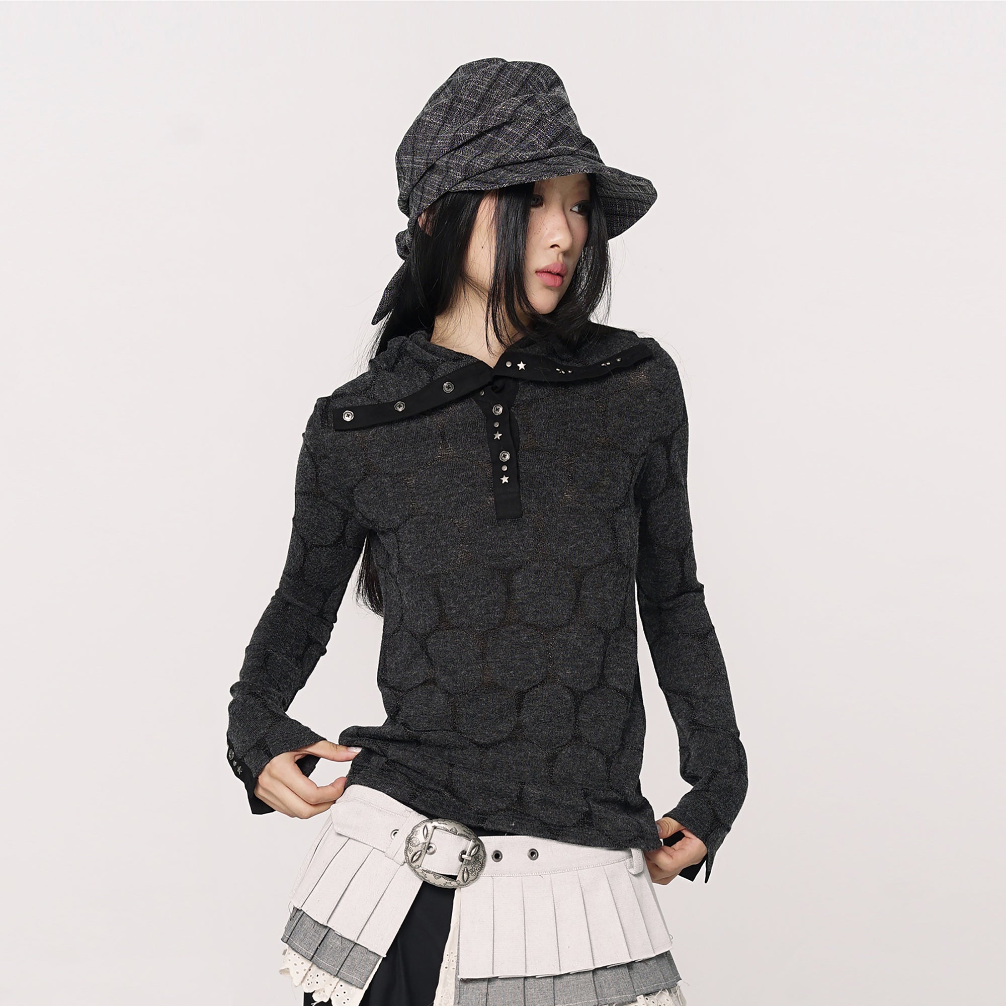 CONFUN Paneled Rivet Jacquard Henley Long-Sleeve Tee