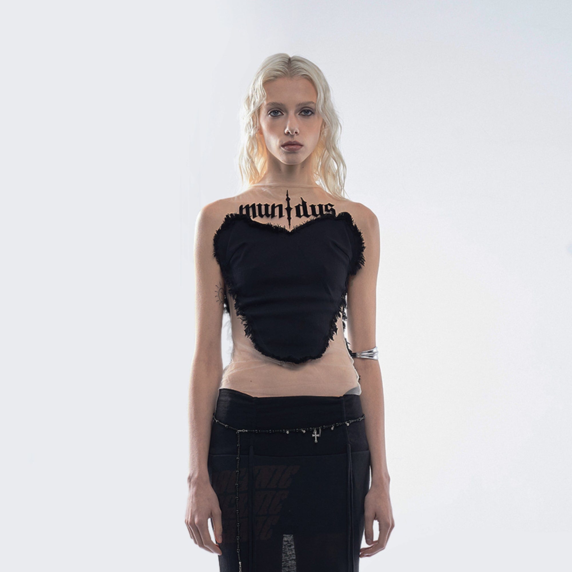 EMOHA Frayed Spliced Heart Mesh Top