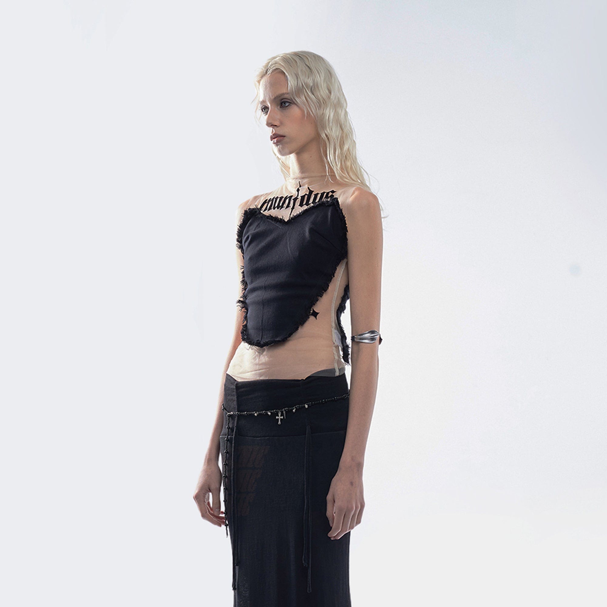 EMOHA Frayed Spliced Heart Mesh Top