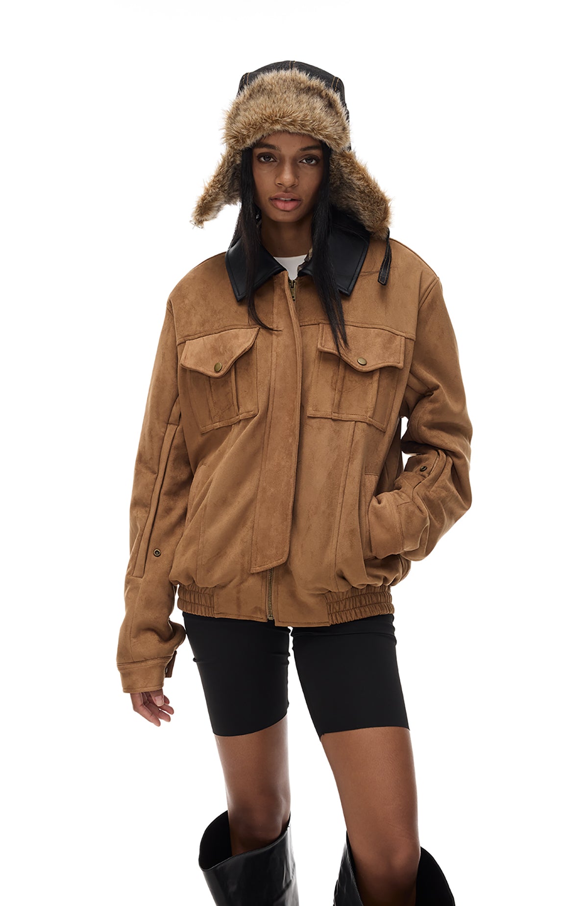 COSTUSTOOT Contrast-Collar Suede Oversized Big-Pocket Jacket