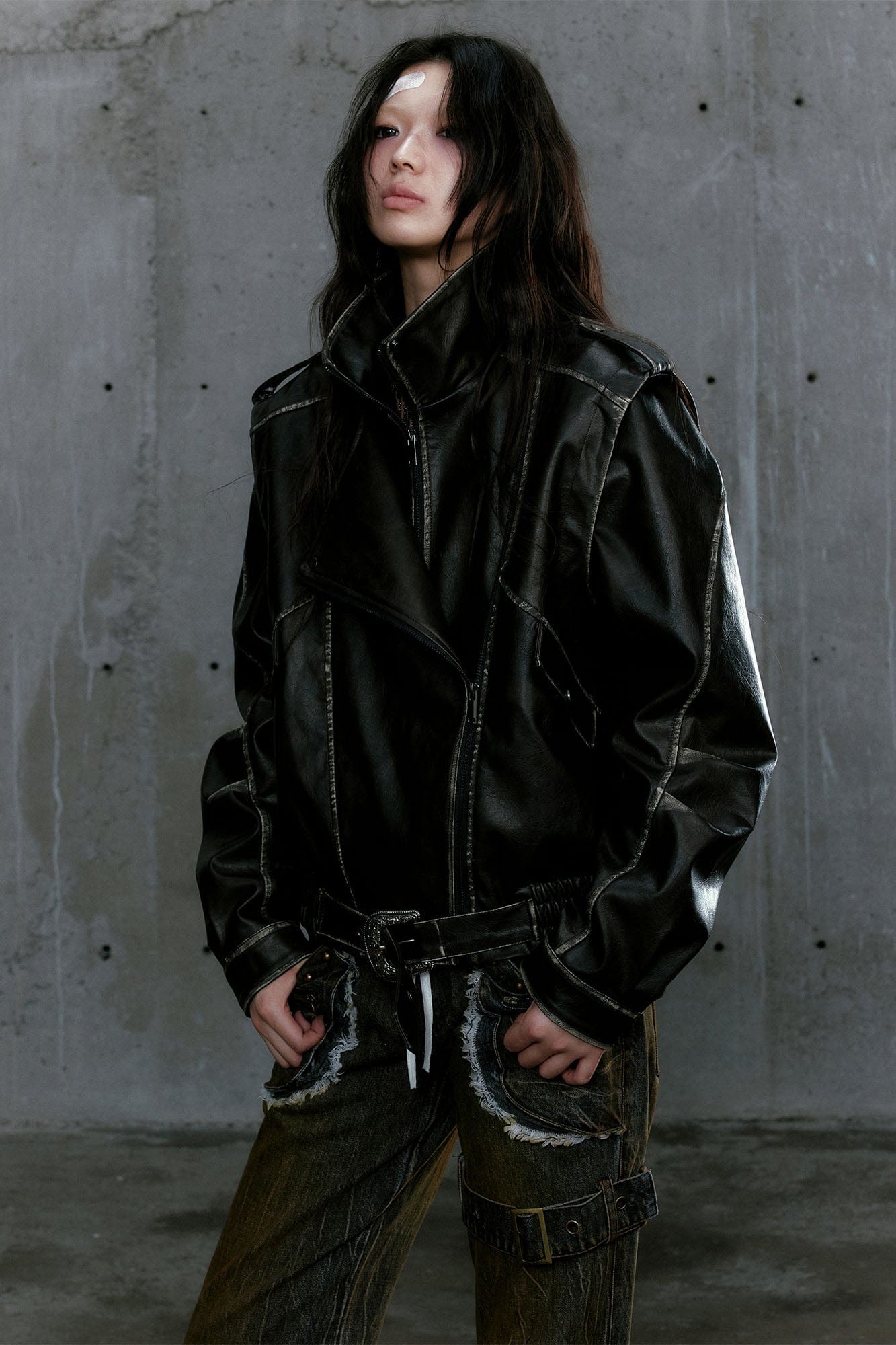 CESTNOUS Distressed Dual-Zip Faux Leather Biker Jacket