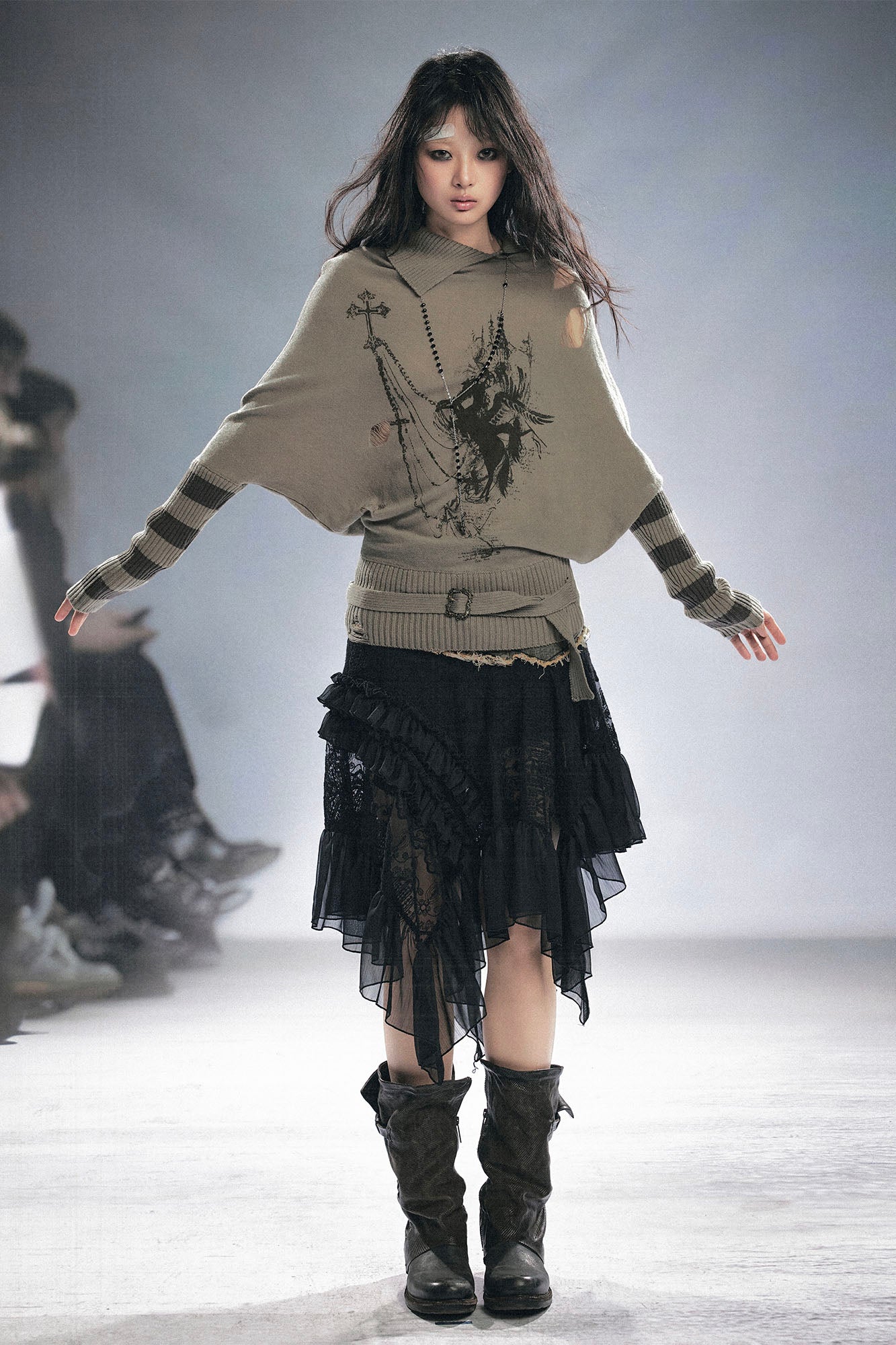 CESTNOUS Denim Belt-Waist Lace Ruffle Asym Skirt