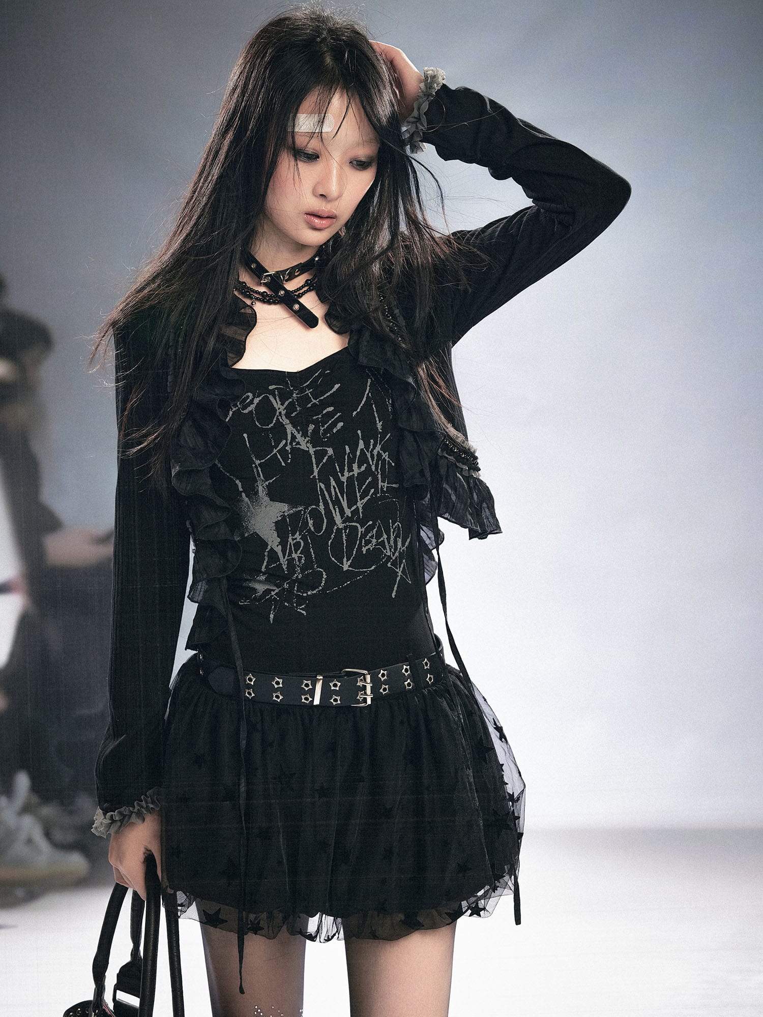 CESTNOUS Sheer-Sleeve Graffiti Mini Dress