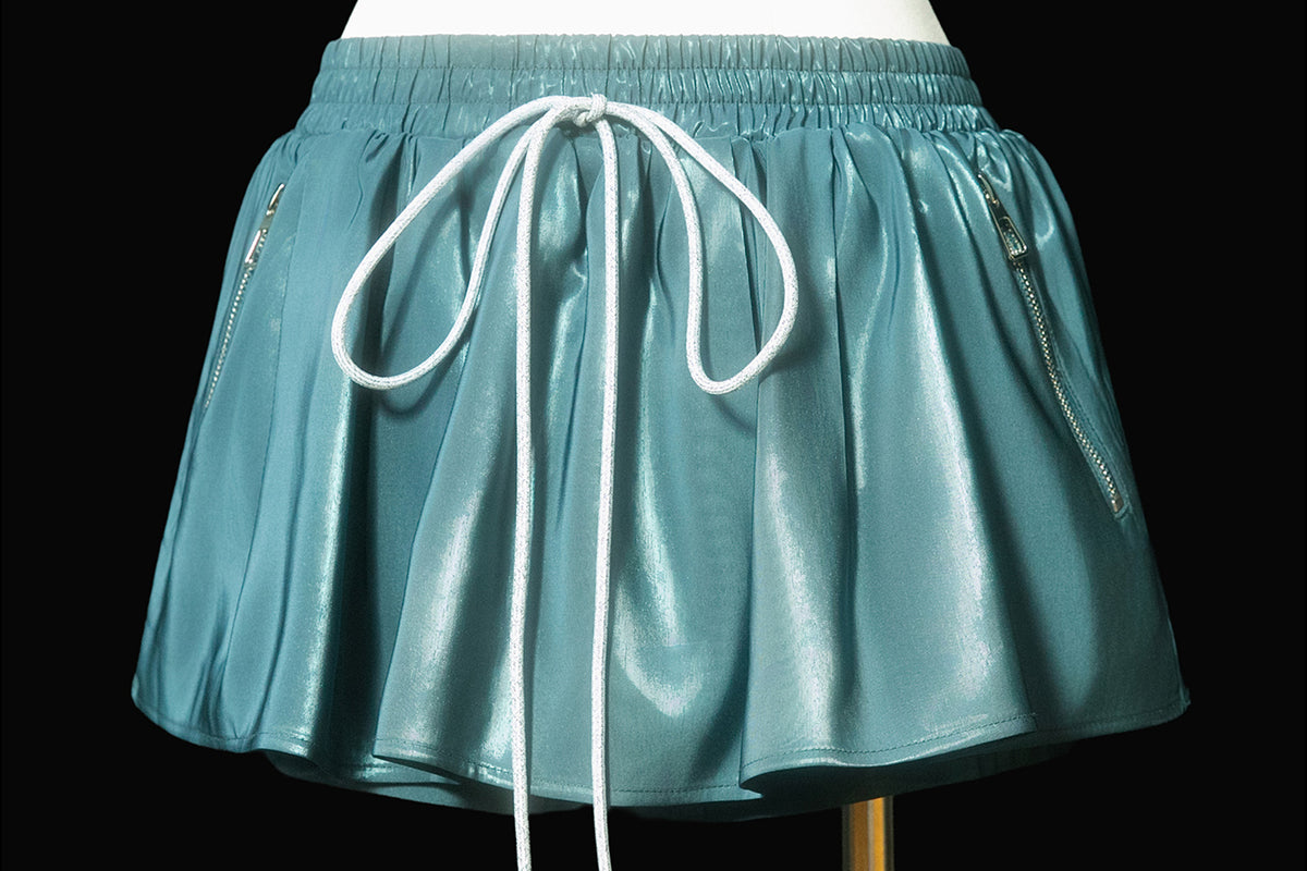 MXU Drawstring Satin Belted Jacket & Zipper Skort Set