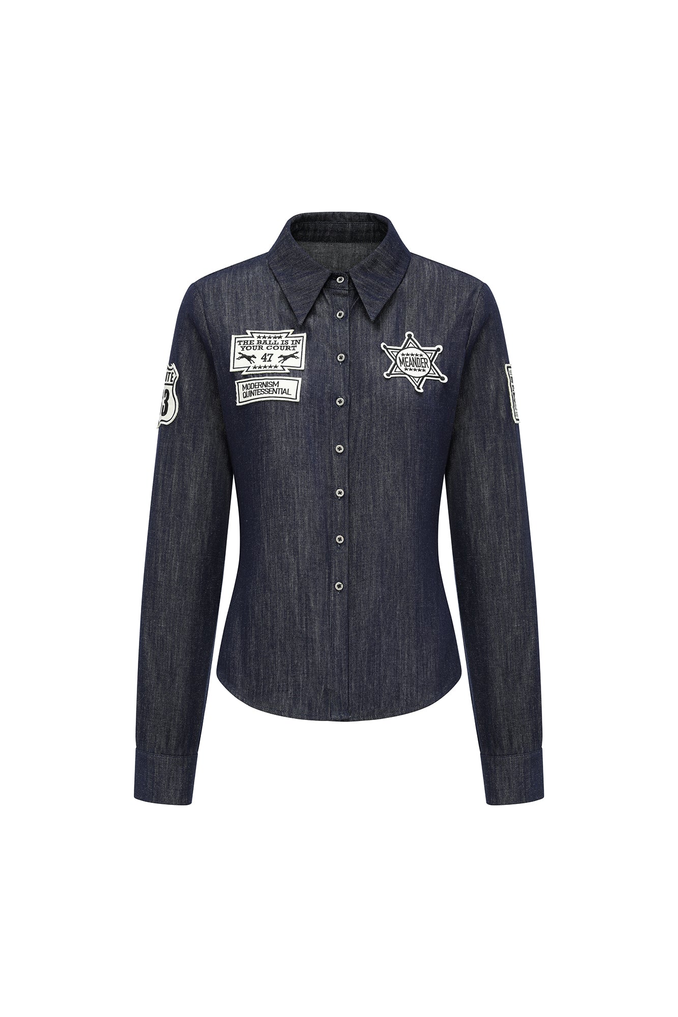 OINIMI Badge-Patch Waist-Cinched Denim Shirt