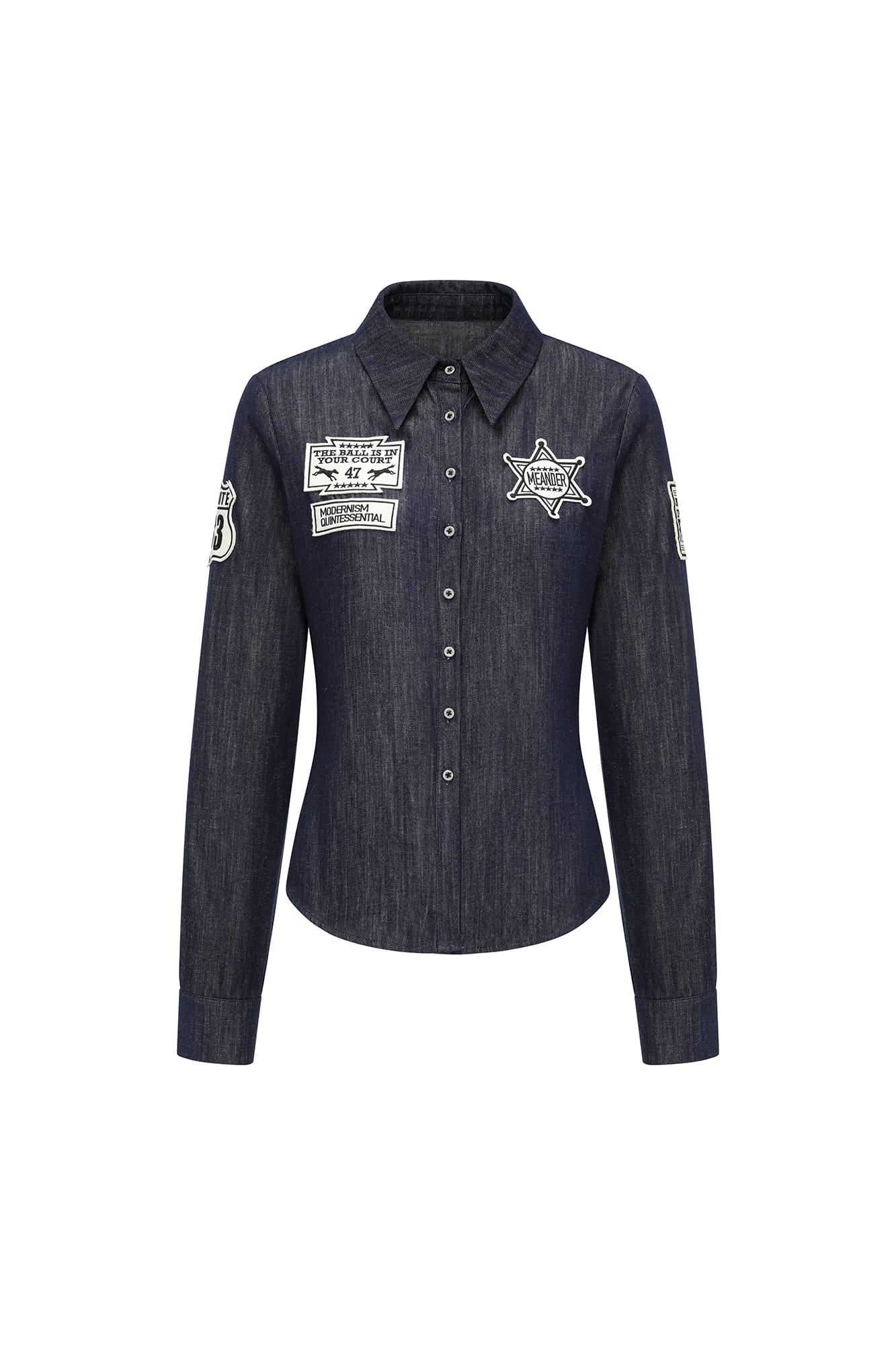 OINIMI Badge-Patch Waist-Cinched Denim Shirt