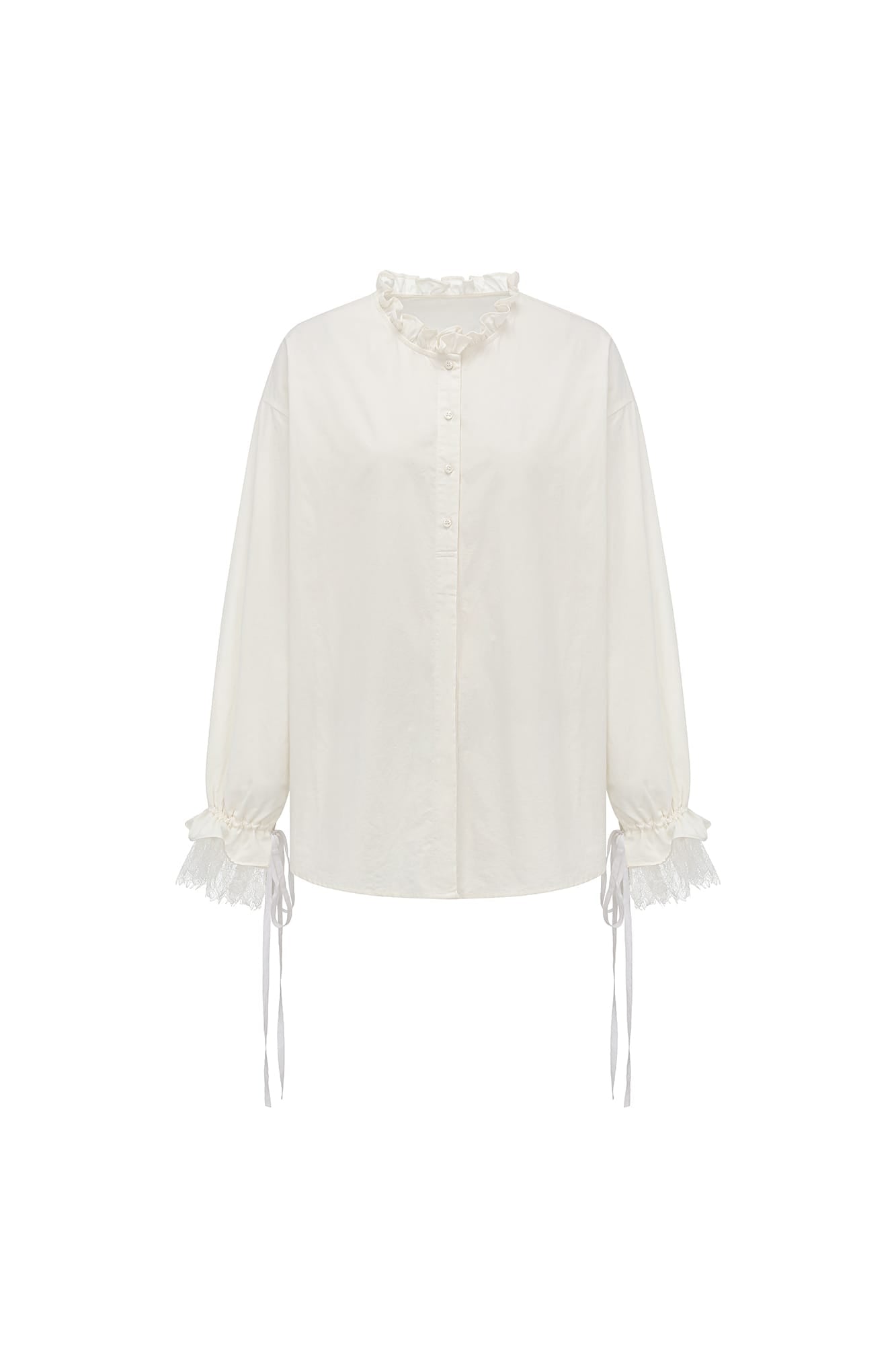 OINIMI Ruffled Collar Lace Drawstring-Cuff Shirt