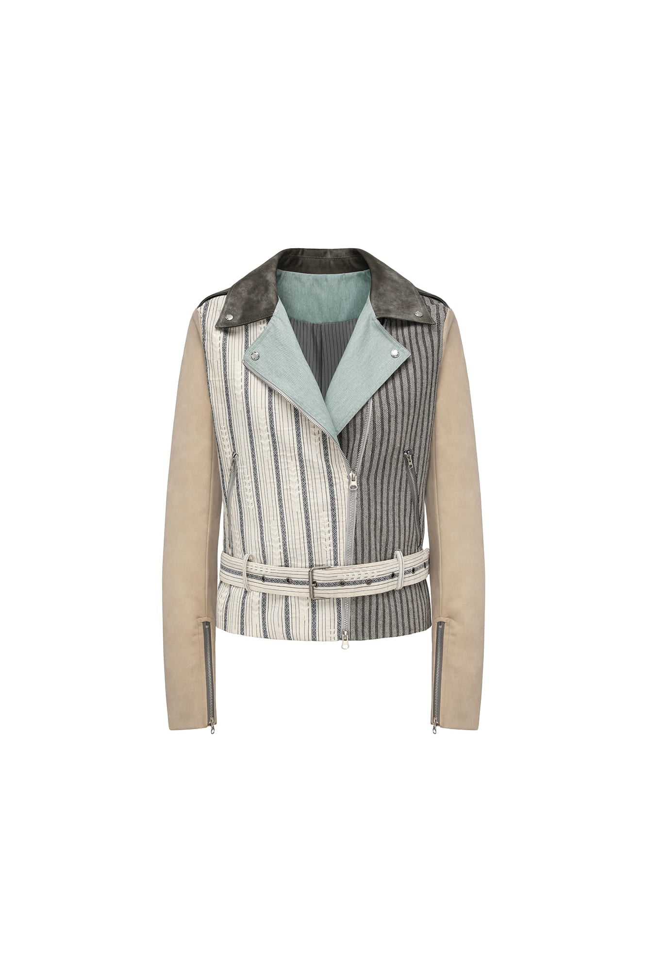 OINIMI Spliced Stripe Paneled Belted Moto Jacket