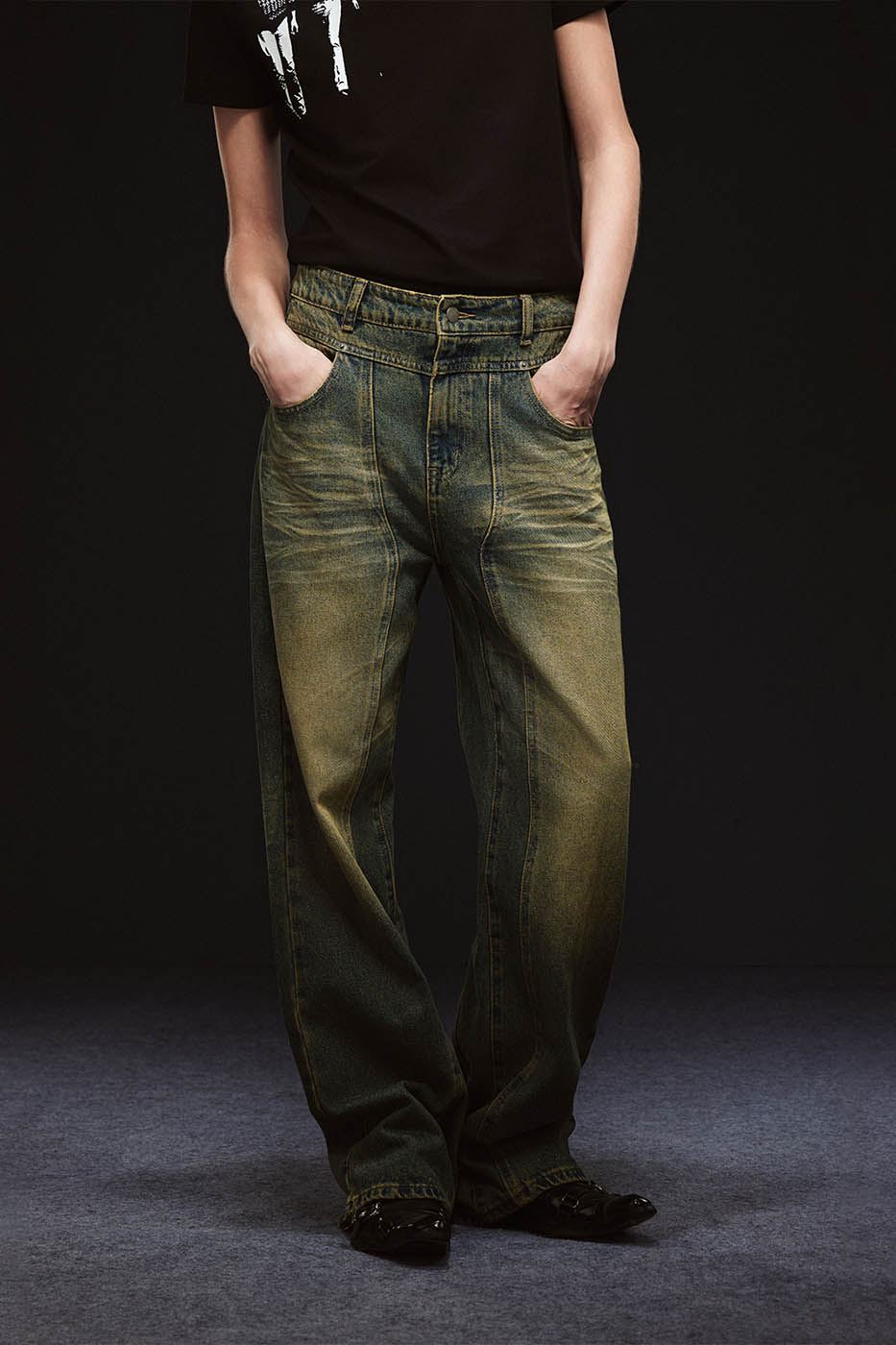 ARTIFICIAL WORLD Crinkled Straight-Leg Washed Jeans, premium urban and streetwear designers apparel on PROJECTISR.com, ARTIFICIAL WORLD