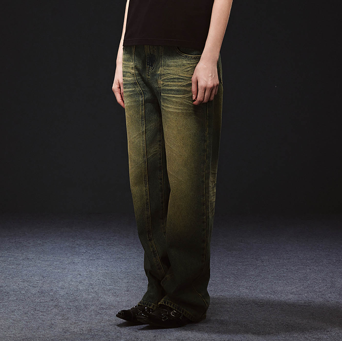 ARTIFICIAL WORLD Crinkled Straight-Leg Washed Jeans, premium urban and streetwear designers apparel on PROJECTISR.com, ARTIFICIAL WORLD