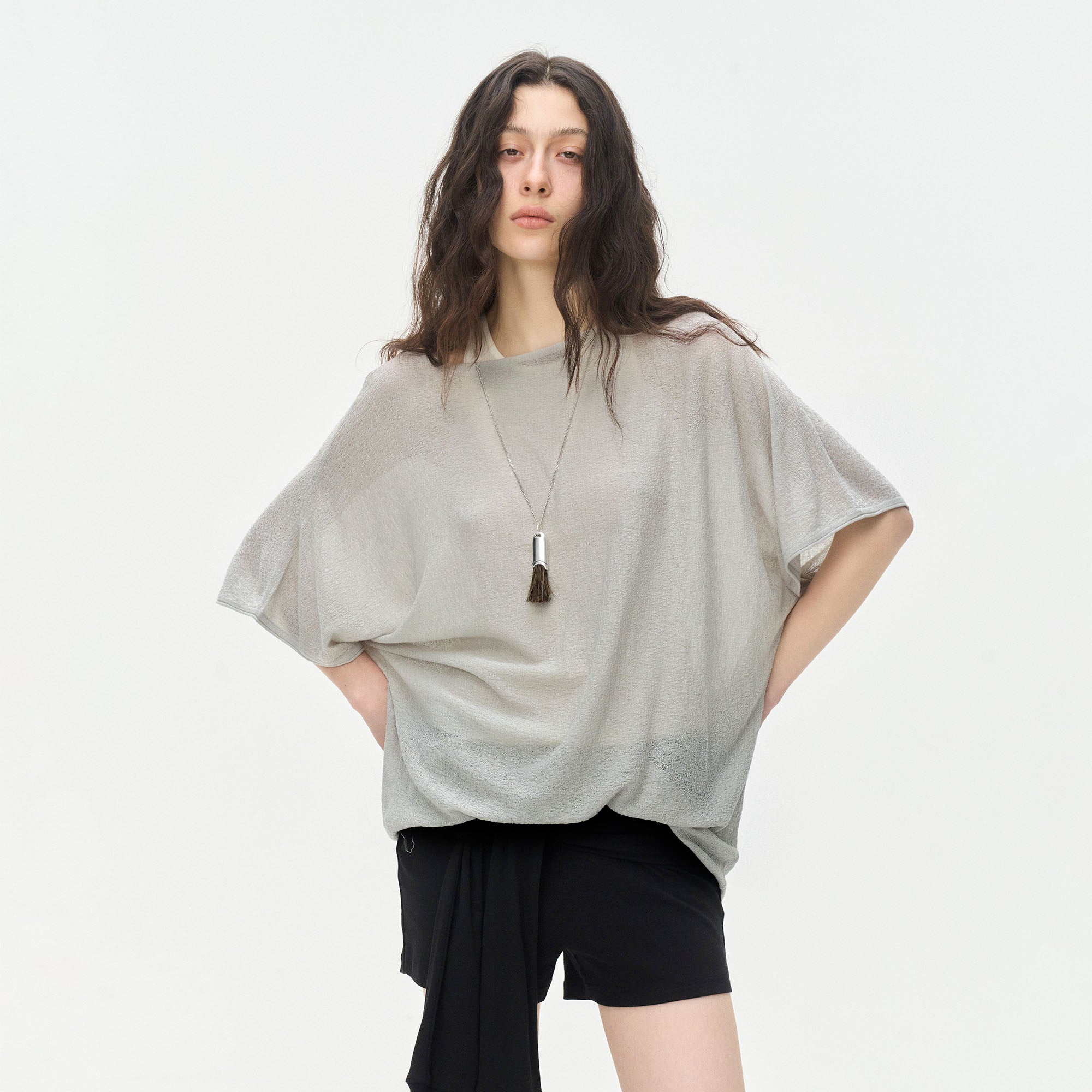LEONSENSE Sheer Draped Batwing Knit Top