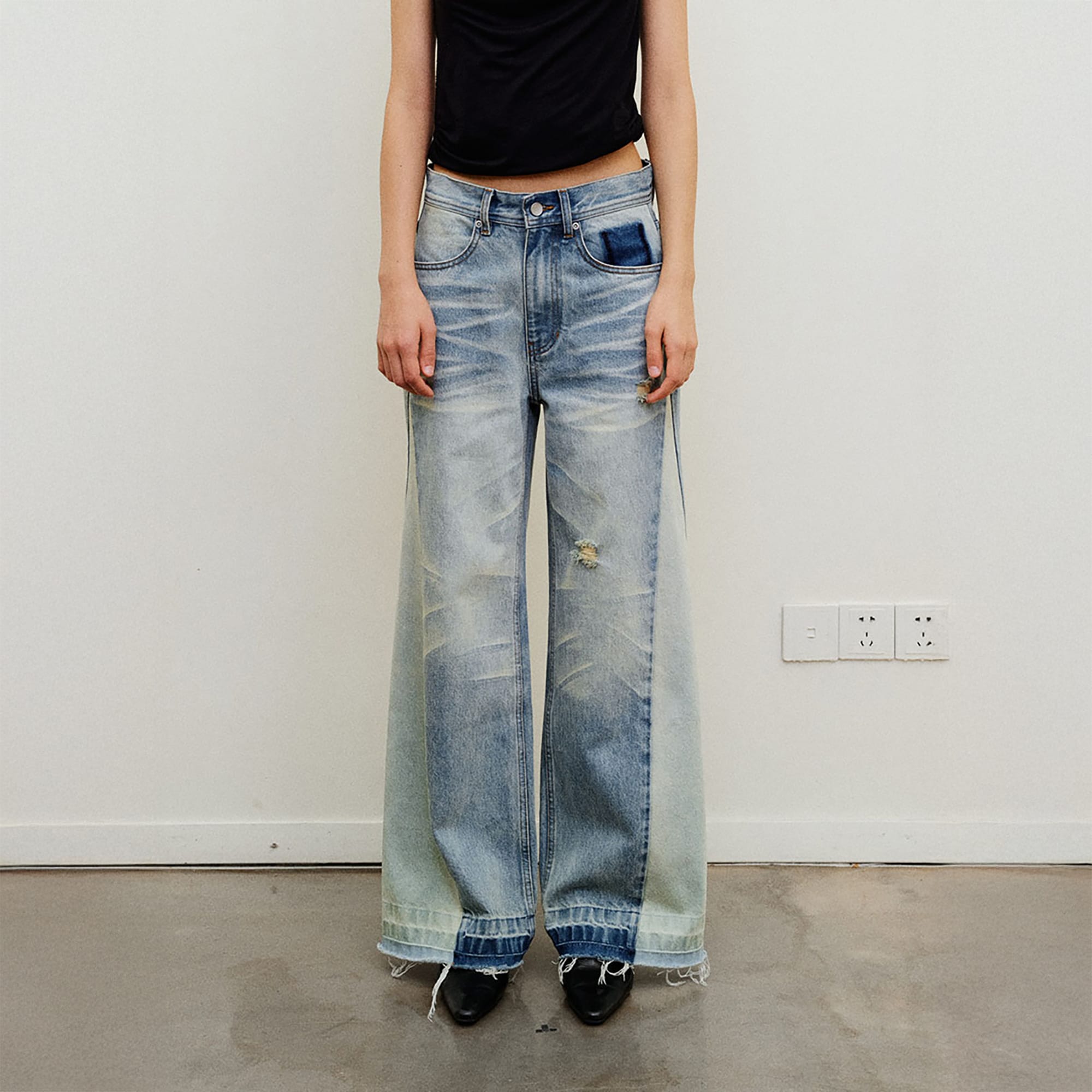 NEVERSEEZ Spliced Washed Whiskered Straight Jeans
