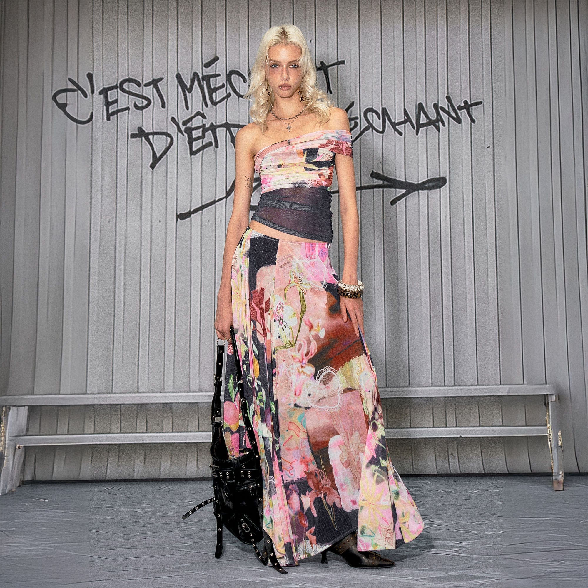 THE NEVERMORE Floral One-Shoulder Mesh Panel Two-Piece