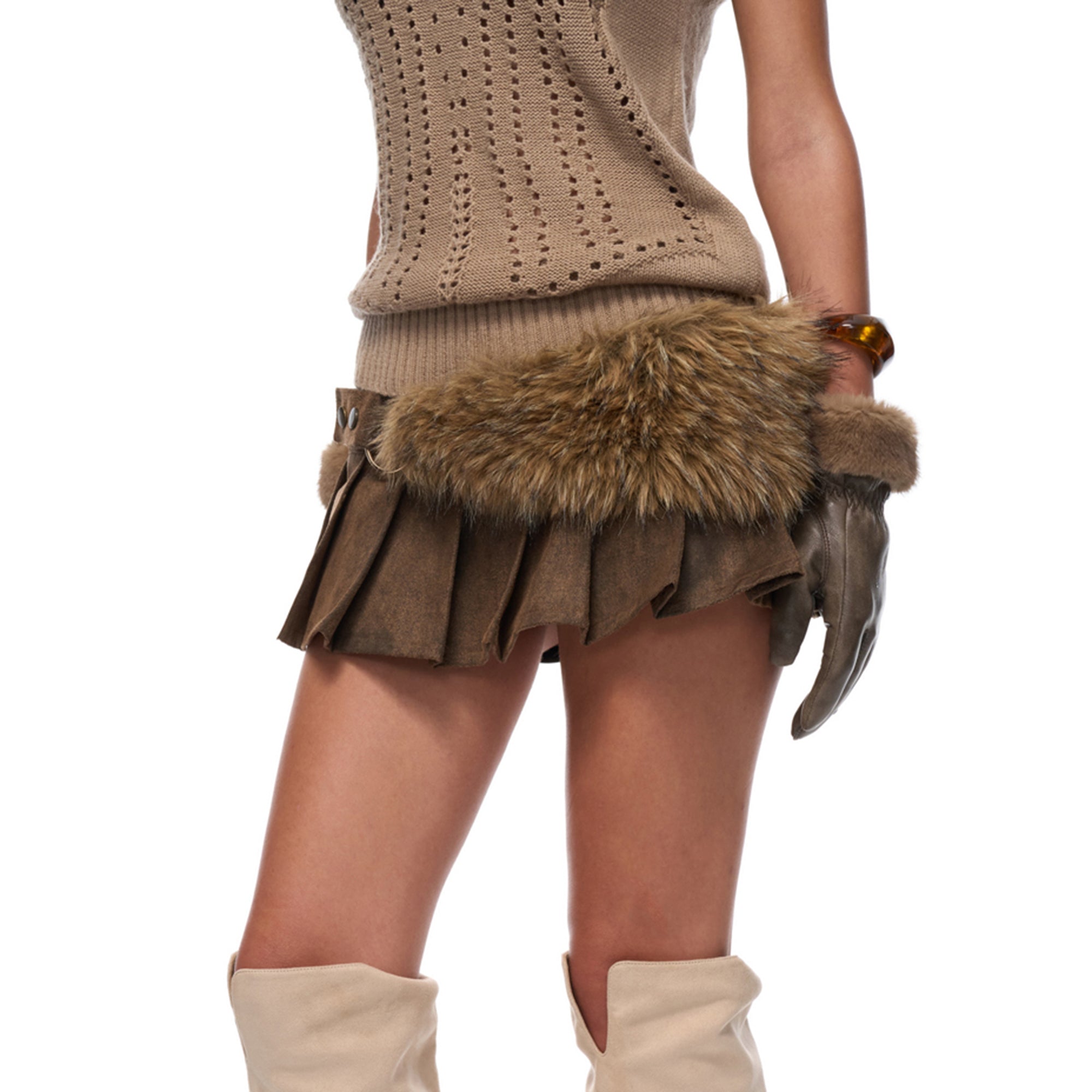 JYOSEI Studded Faux Fur Pleated Mini Skirt