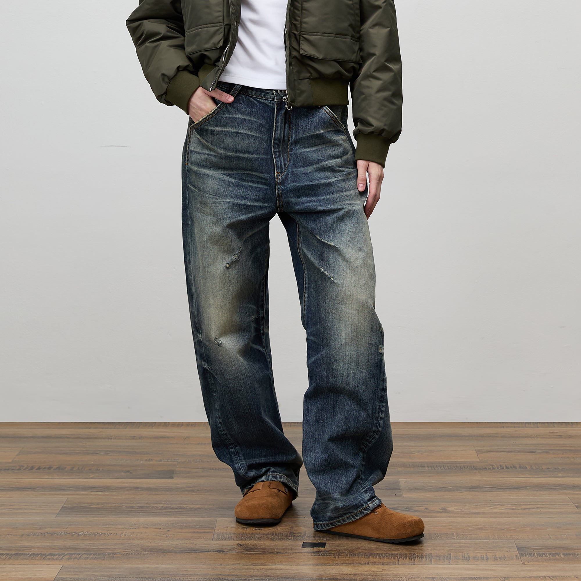 COMMAND N Washed Buckle Waist Tapered Jeans