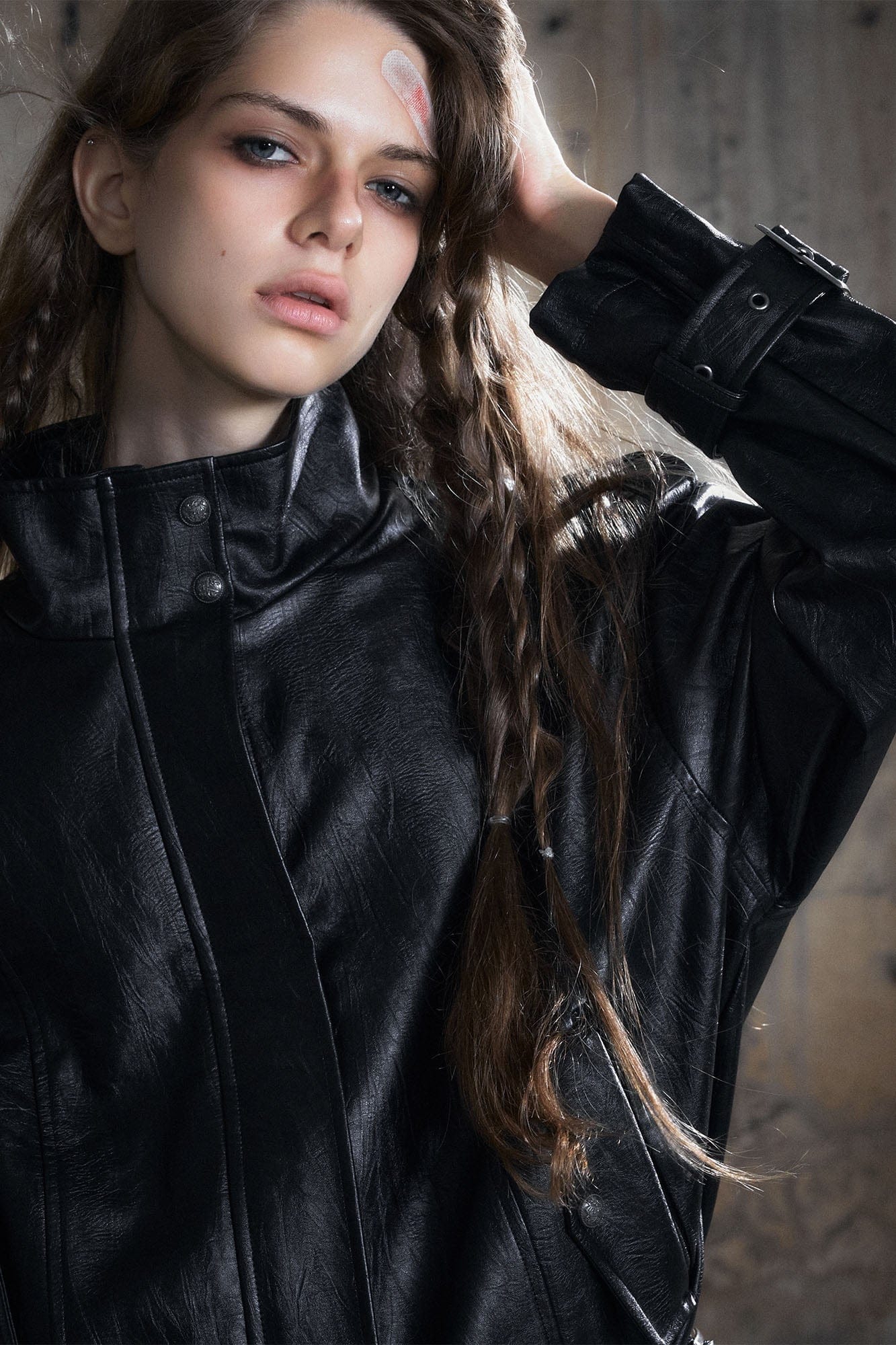 CESTNOUS Belted-Hem Faux Leather Jacket