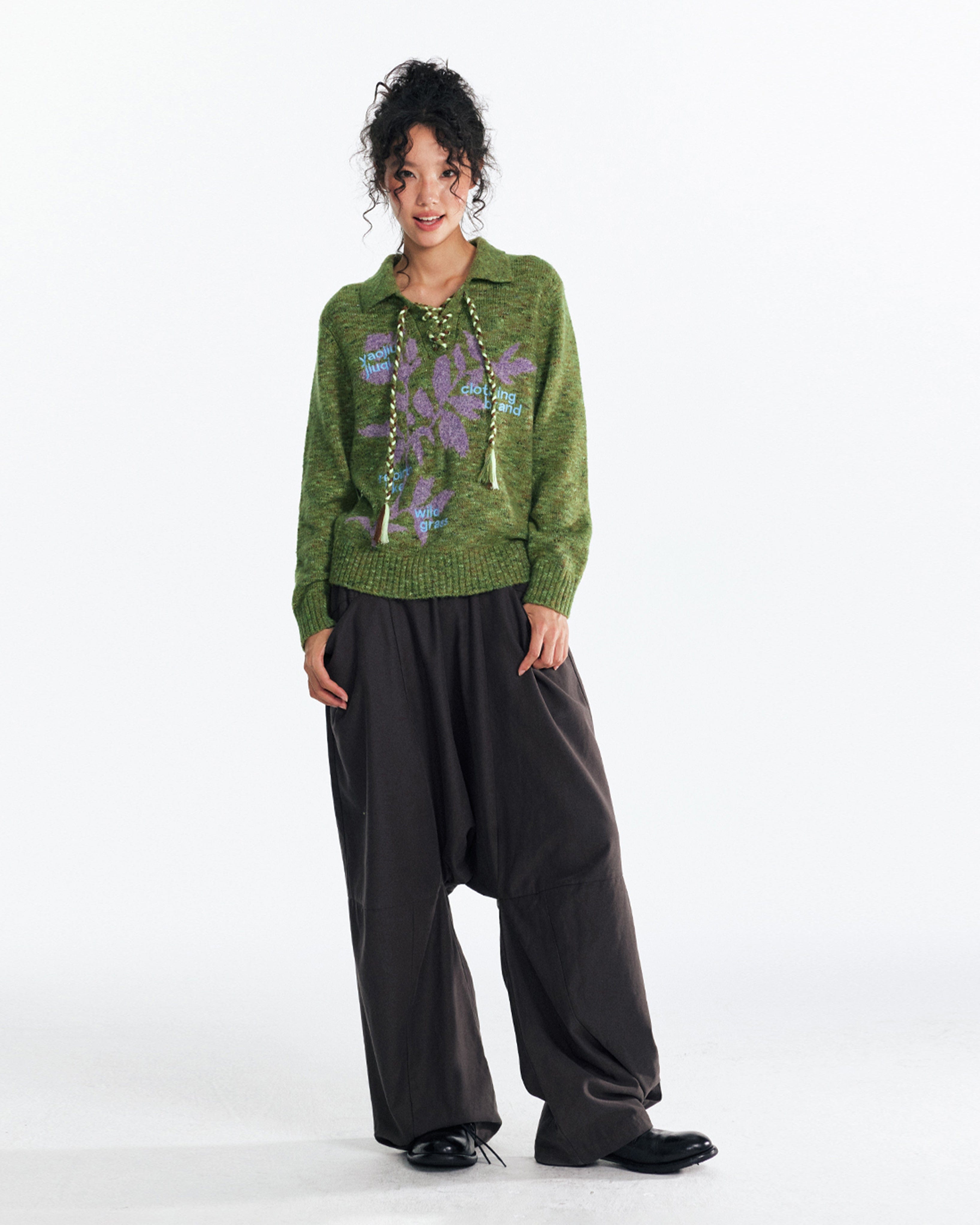 1997 POSTOFFICE Sesame Leaf Jacquard Lace-Up Sweater