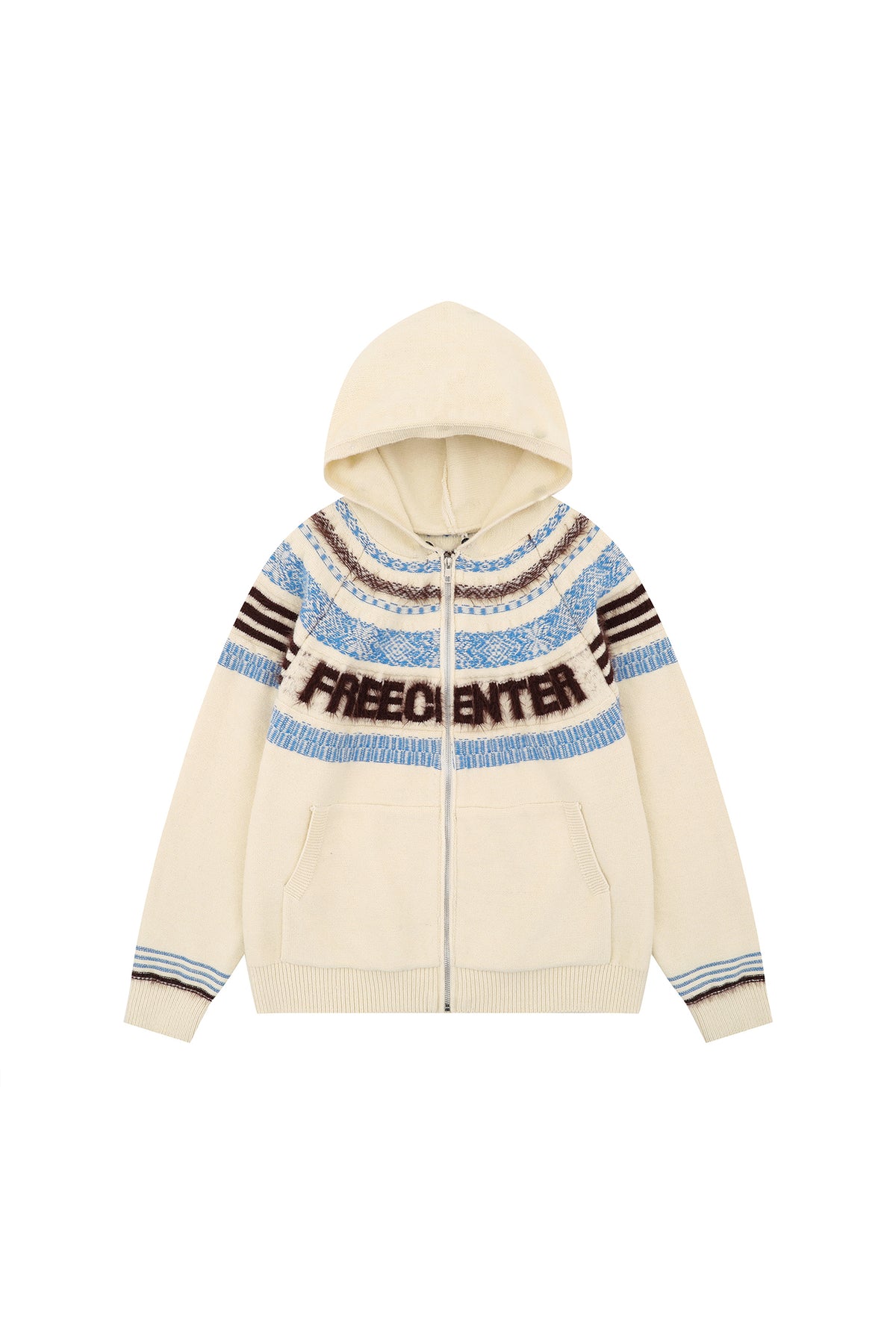 FREE CENTER Retro Fair Isle Detachable Collar Hooded Cardigan