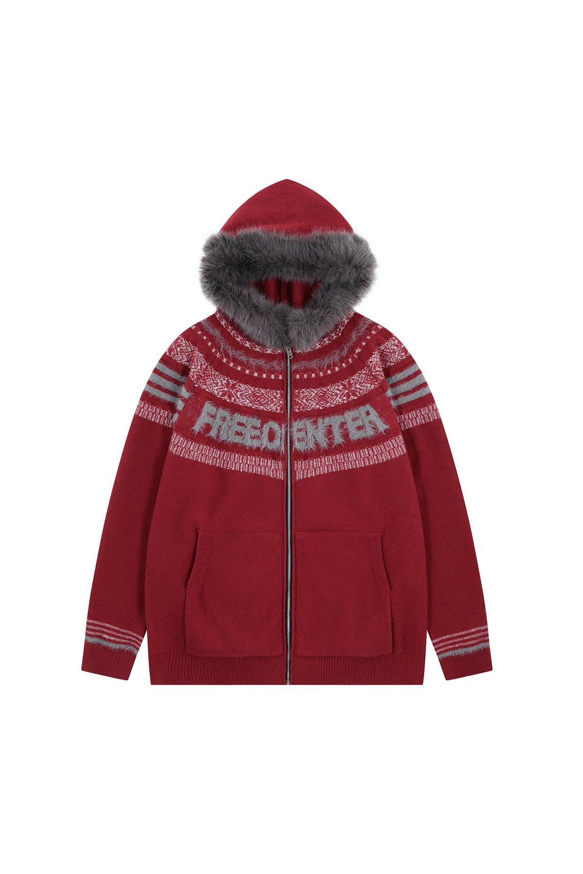 FREE CENTER Retro Fair Isle Detachable Collar Hooded Cardigan