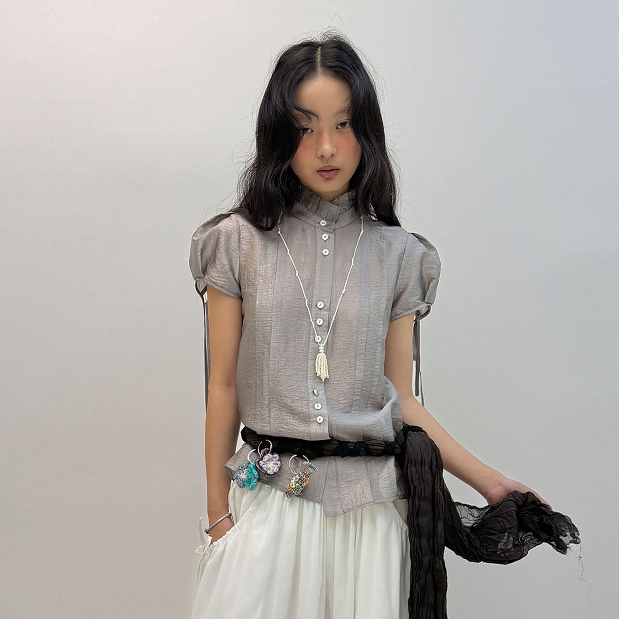 NEVERSEEZ Ruffle-Collar Paneled Puff-Sleeve Shirt