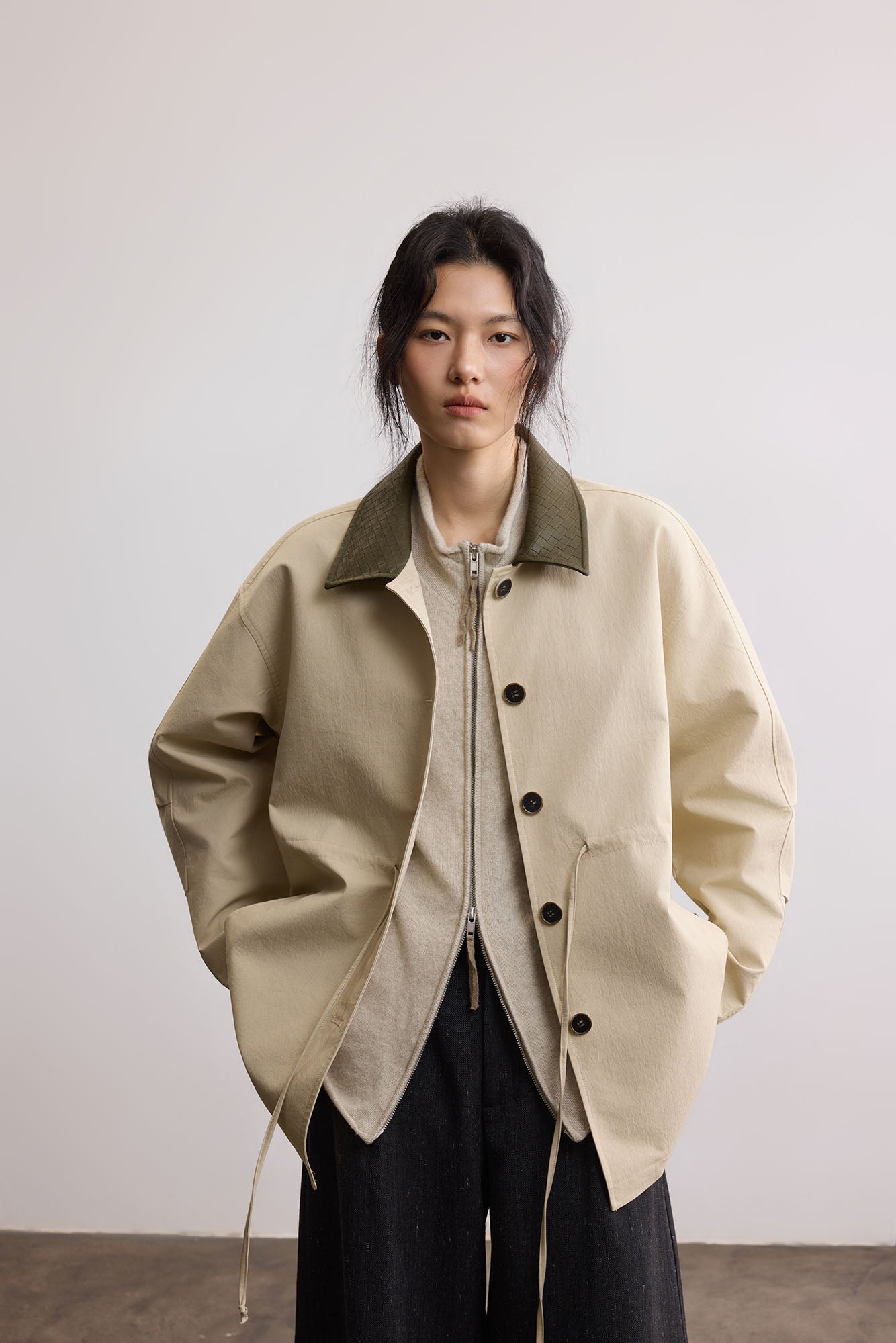 SAME FLOW Woven PU Collar Drawstring Jacket