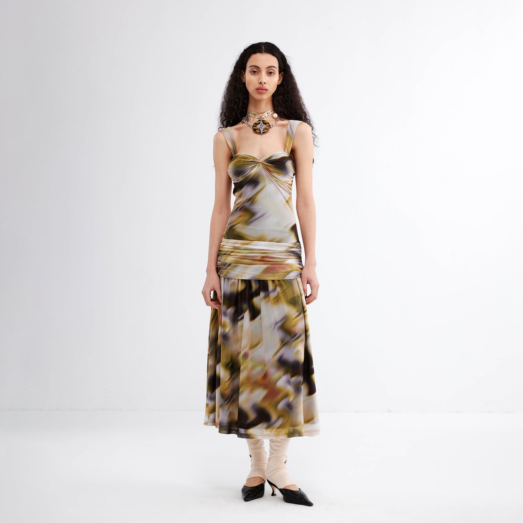 JIUWU PARK Blurred Print Strappy Midi Dress