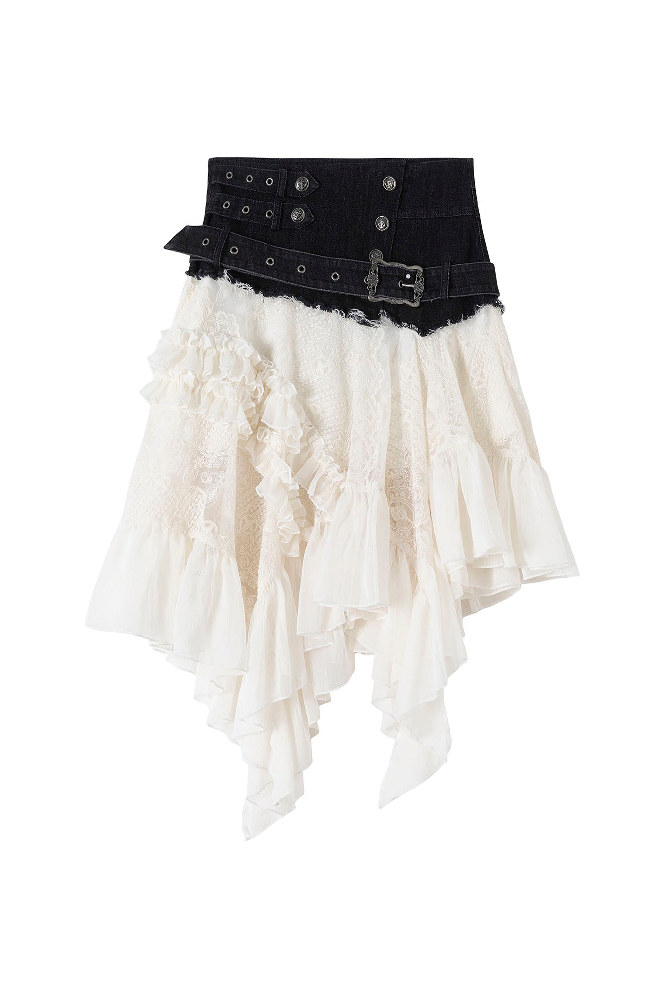 CESTNOUS Denim Belt-Waist Lace Ruffle Asym Skirt
