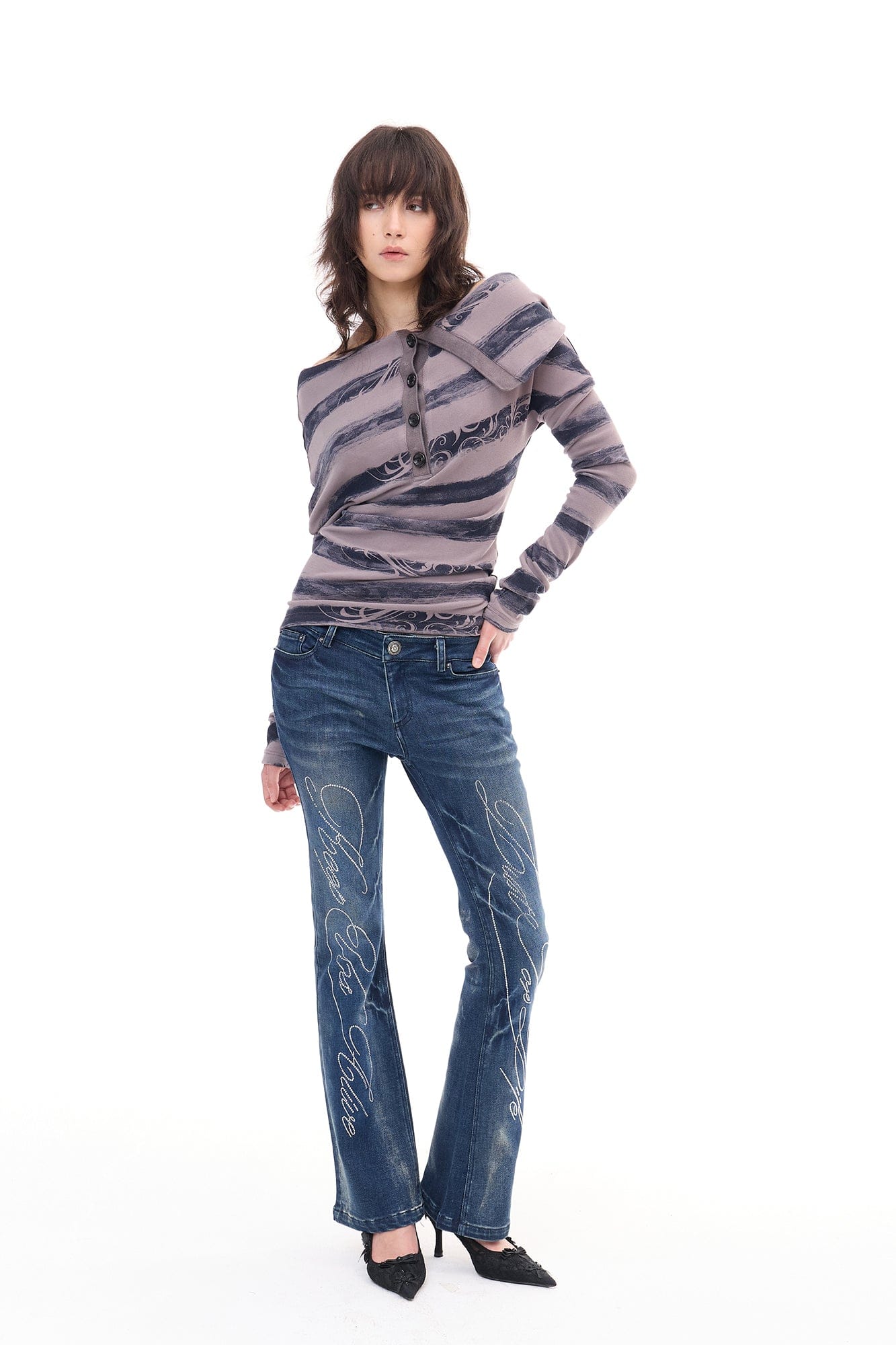 FAYCHUI Hip Pad Diamond Letter Jeans