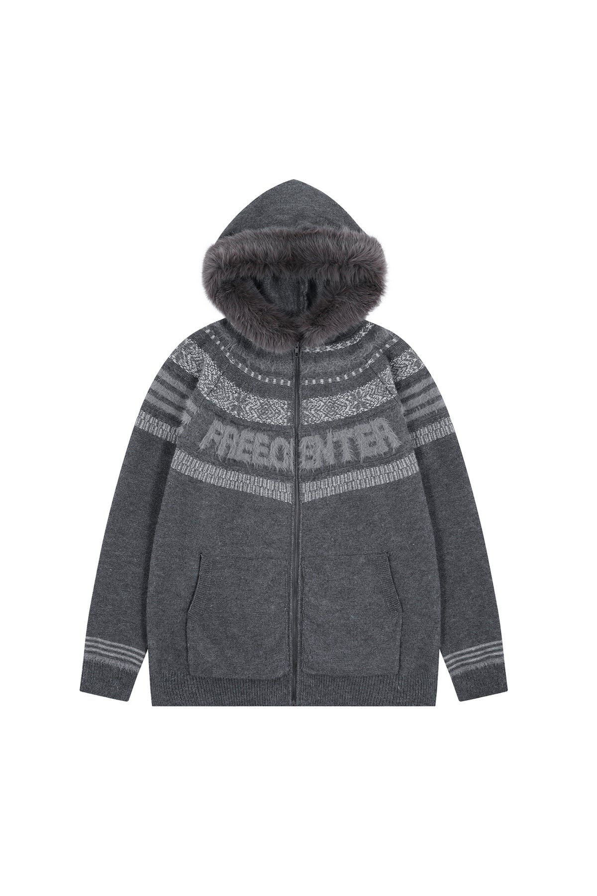 FREE CENTER Retro Fair Isle Detachable Collar Hooded Cardigan