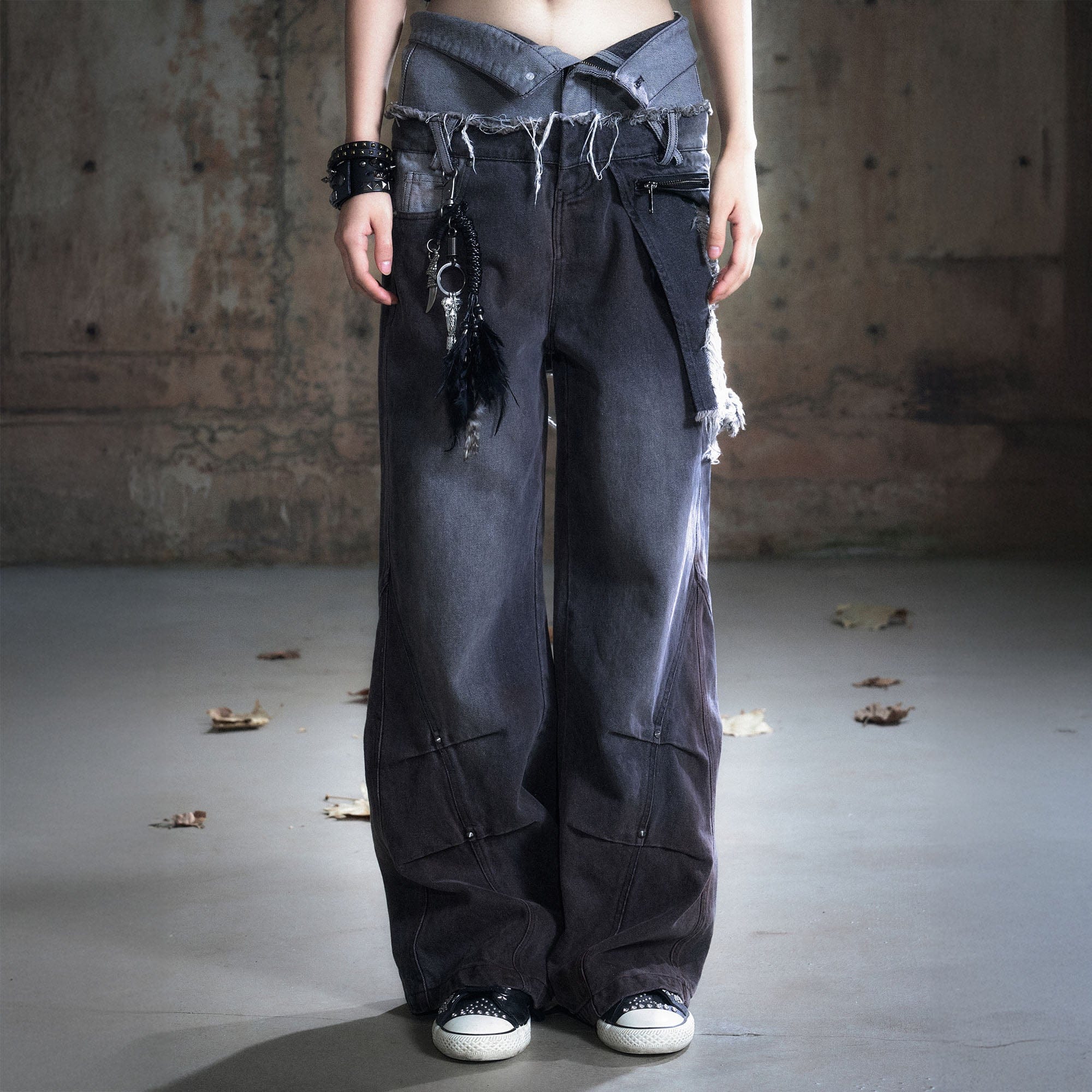 CESTNOUS Distressed Folded Double Waist Jeans