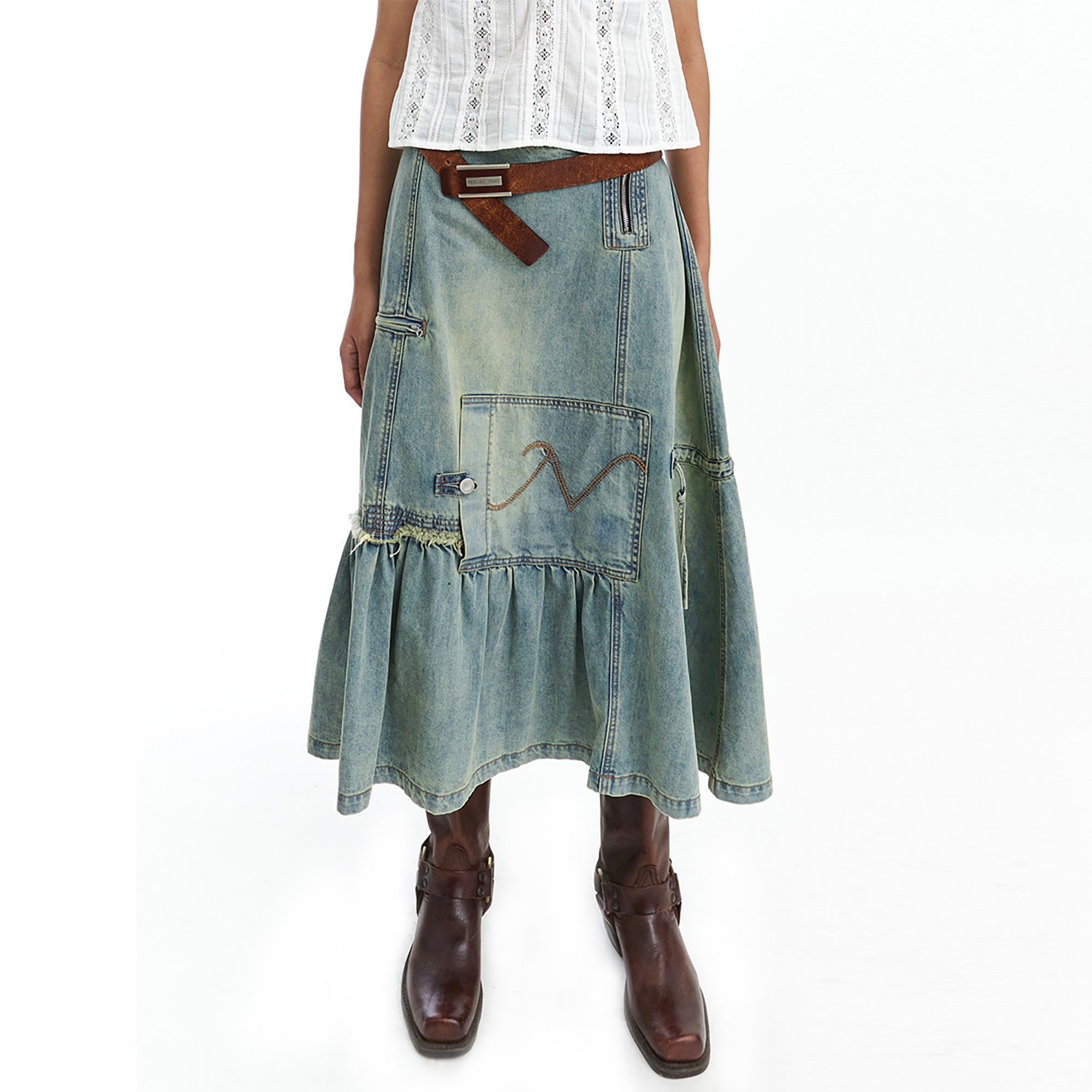 NEVERSEEZ Retro Wash Asymmetrical Denim Midi Skirt