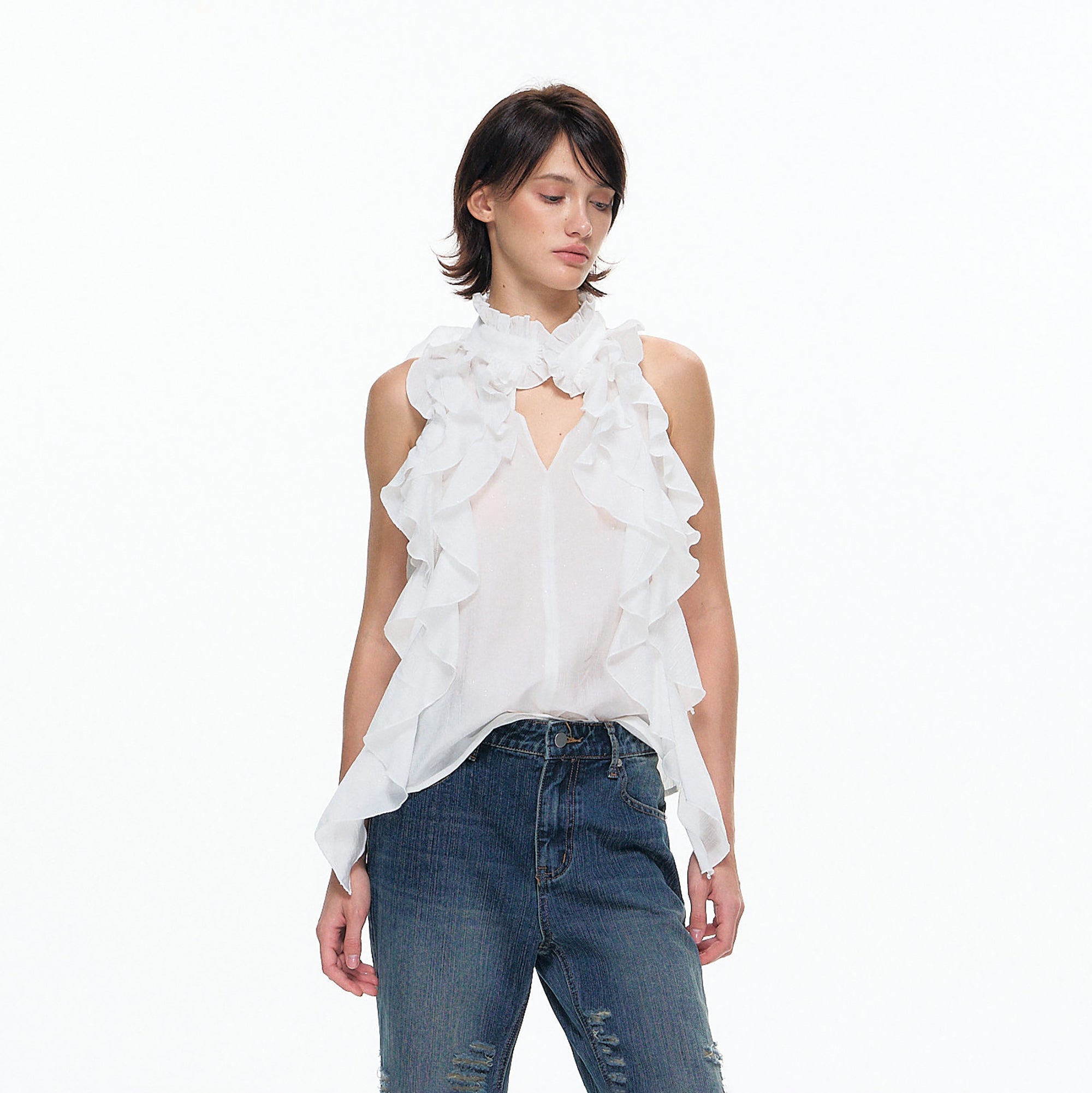 10AMSOTIIIIIIRED Tiered Ruffle Sleeveless Top & Asymmetric Skirt Set