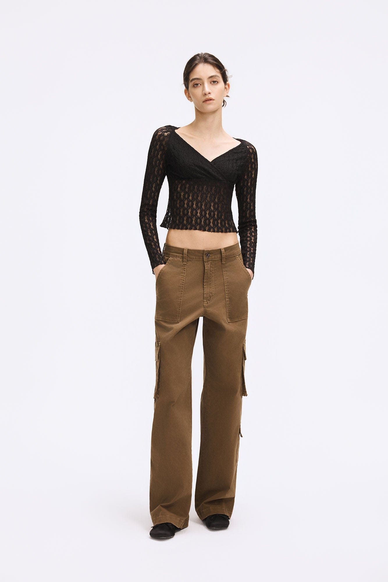 ARTIFICIAL WORLD Lace Wrap-Neck Long-Sleeve Tee