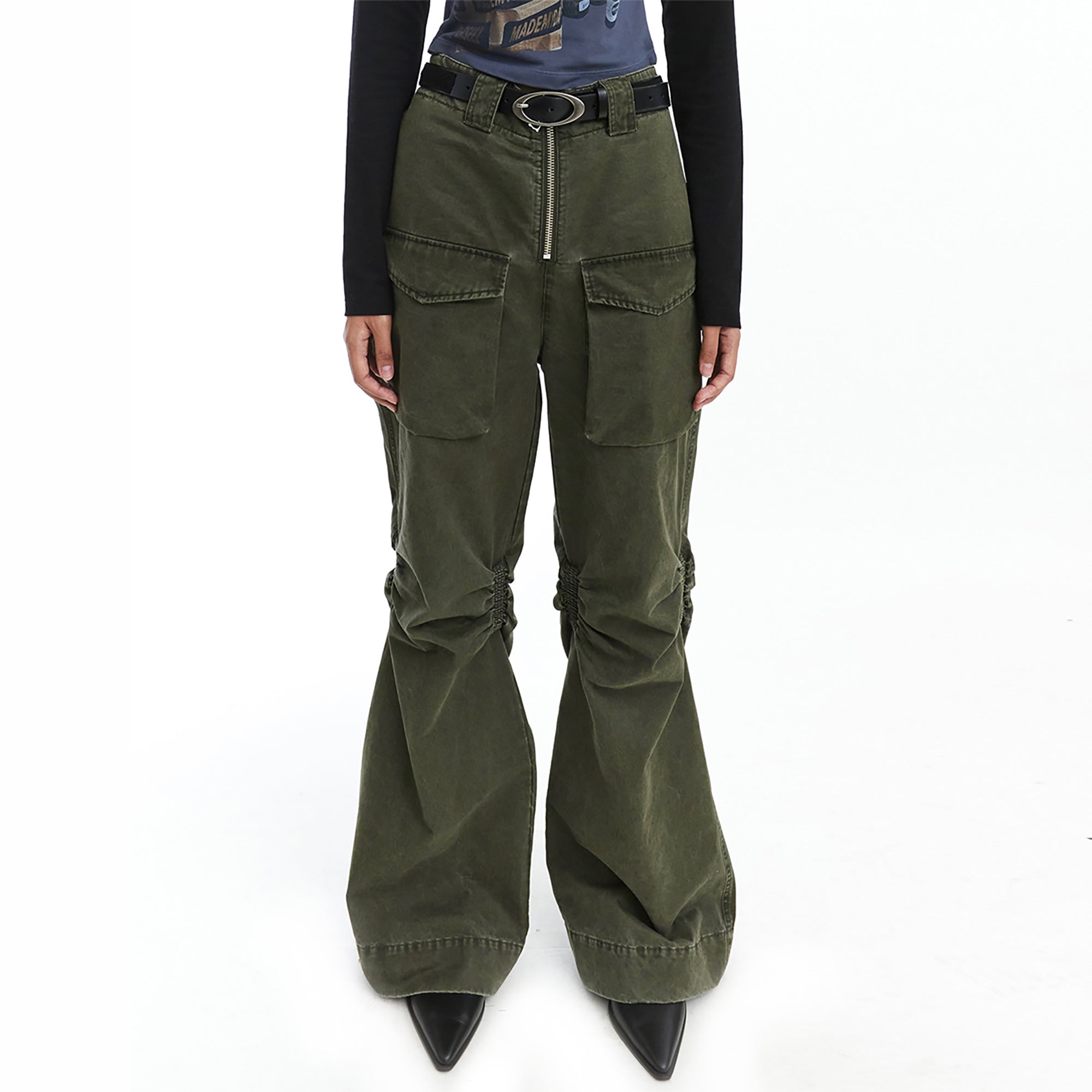 NEVERSEEZ Distressed Ruched-Knee Flared Cargo Pants