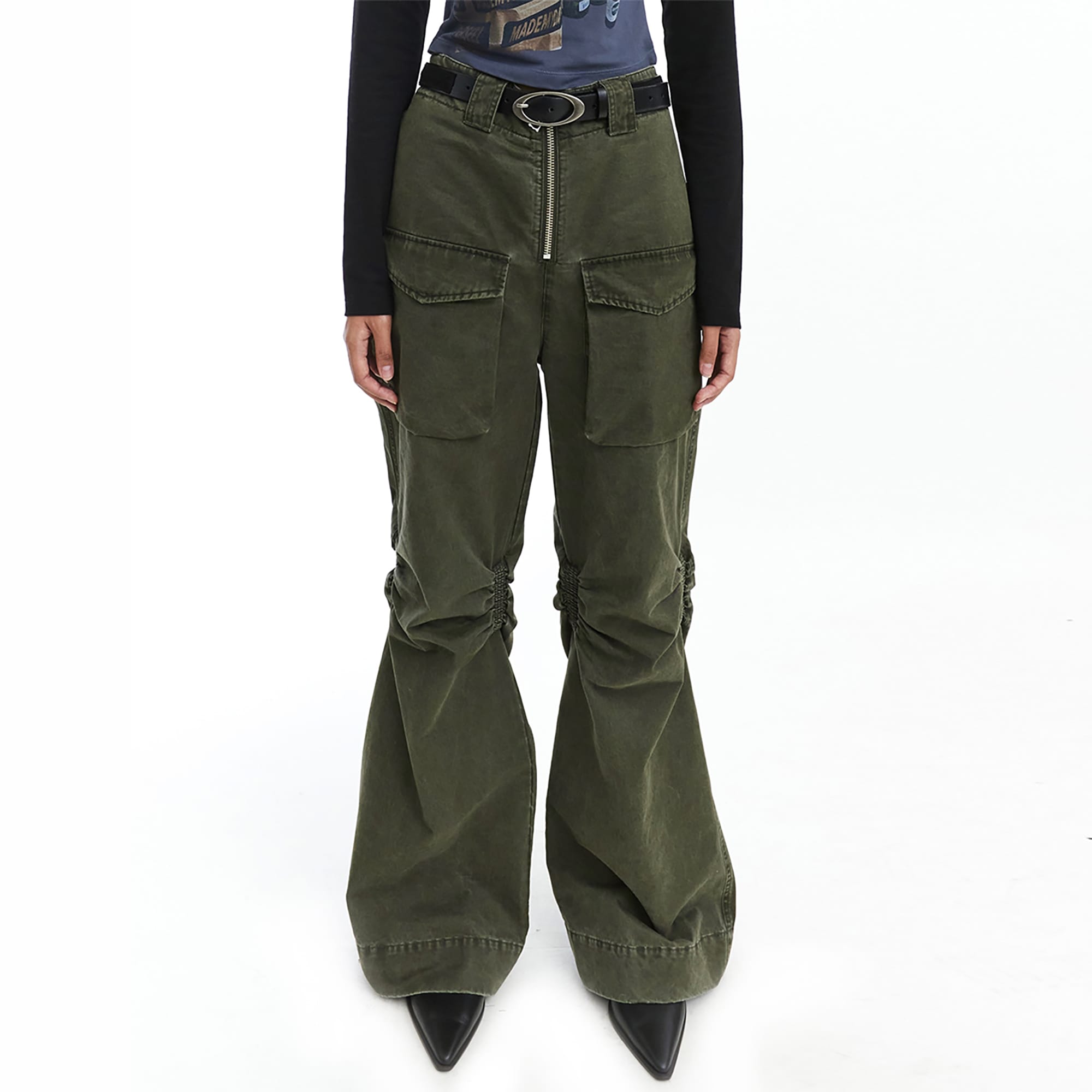 NEVERSEEZ Distressed Ruched-Knee Flared Cargo Pants