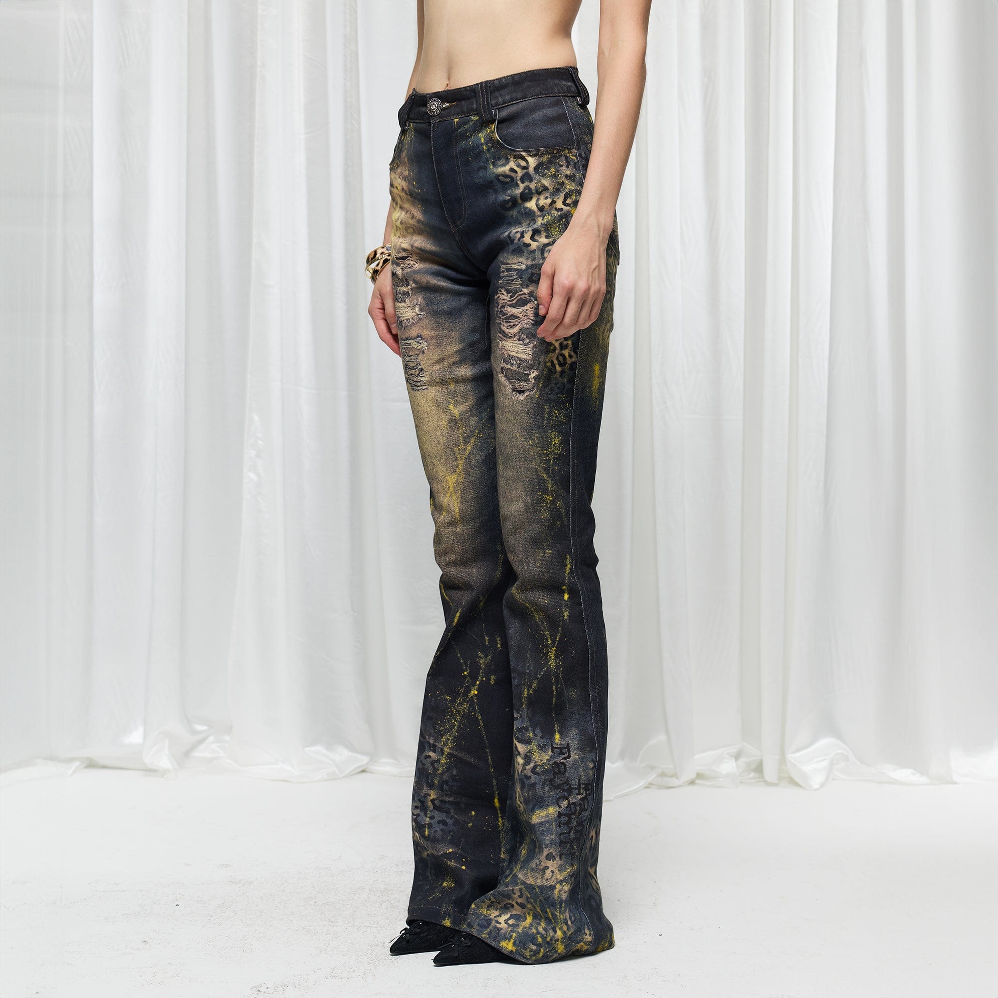 DND4DES×Faychui Distressed Leopard Splattered Flared Jeans, premium urban and streetwear designers apparel on PROJECTISR.com, DND4DES