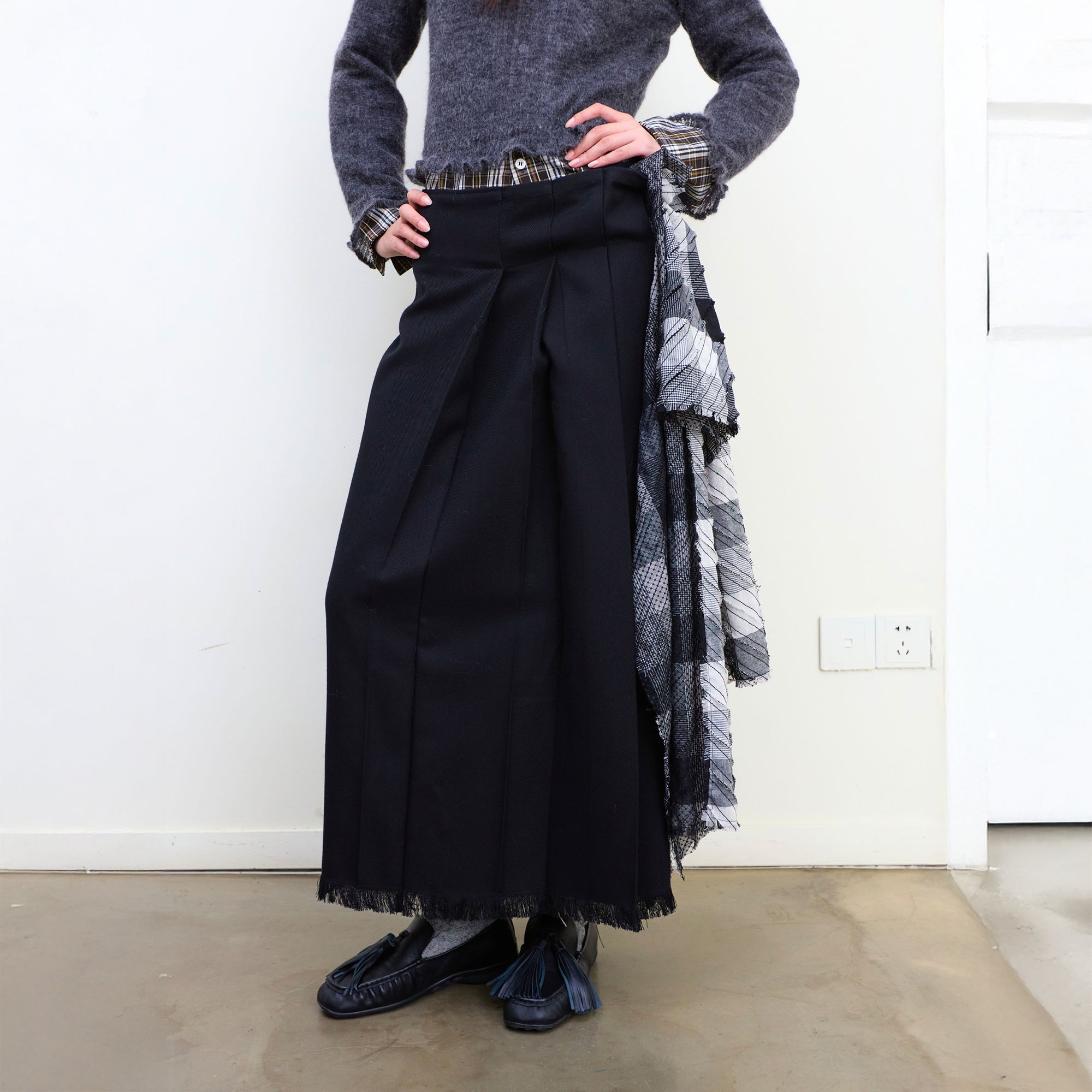 NEVERSEEZ Detachable Plaid Sash Spliced Pleated Maxi Skirt