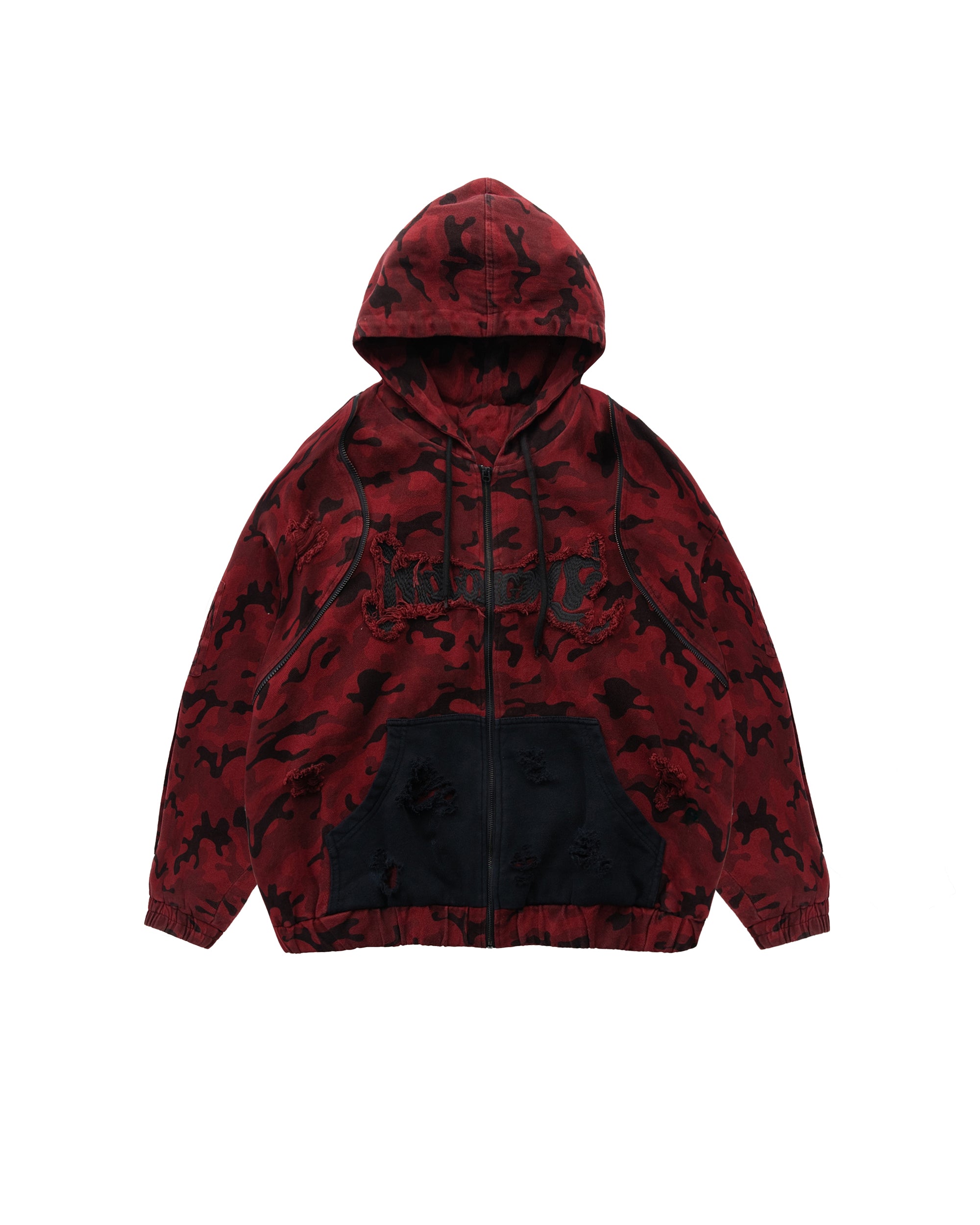 MOGONGSHE Camo Frayed LOGO Patch Hooded Jacket