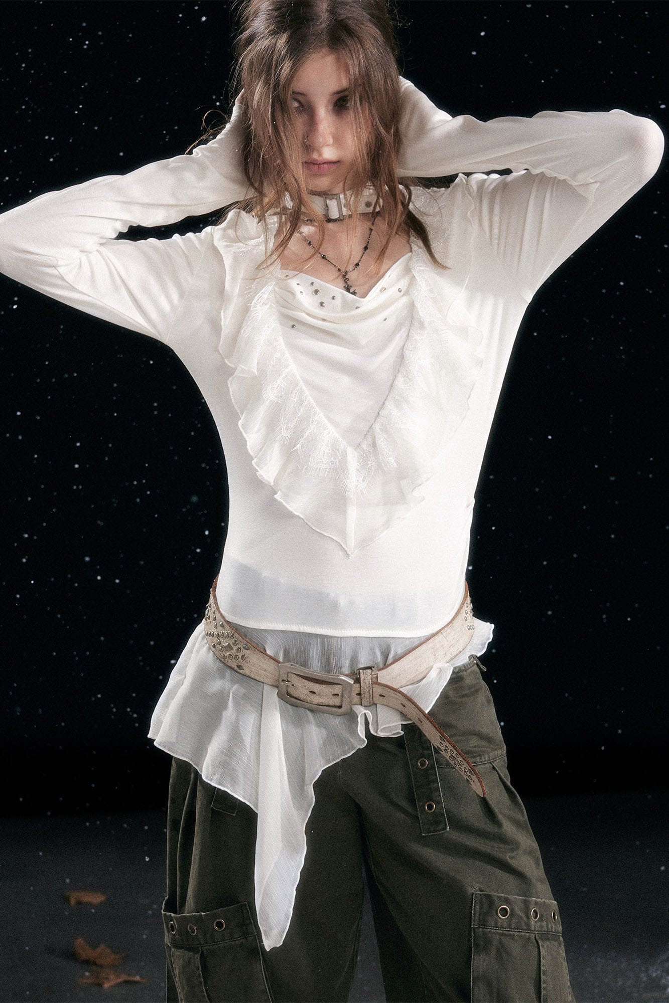 CESTNOUS Studded Ruffled Paneled Top