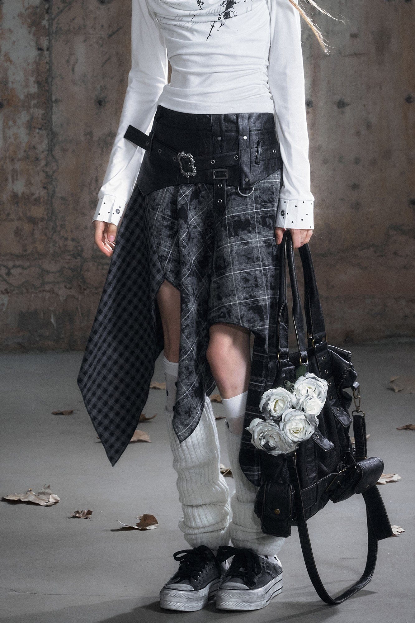 CESTNOUS Asymmetrical Belted Faux Leather Waist Skirt