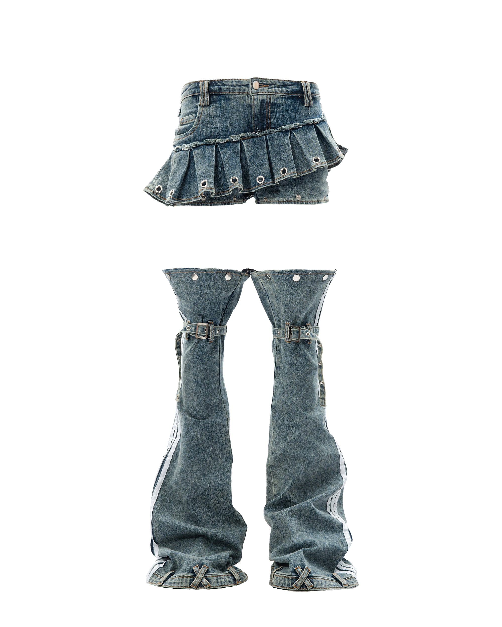 MOGONGSHE Washed Skirt-Layer Detachable Flared Jeans