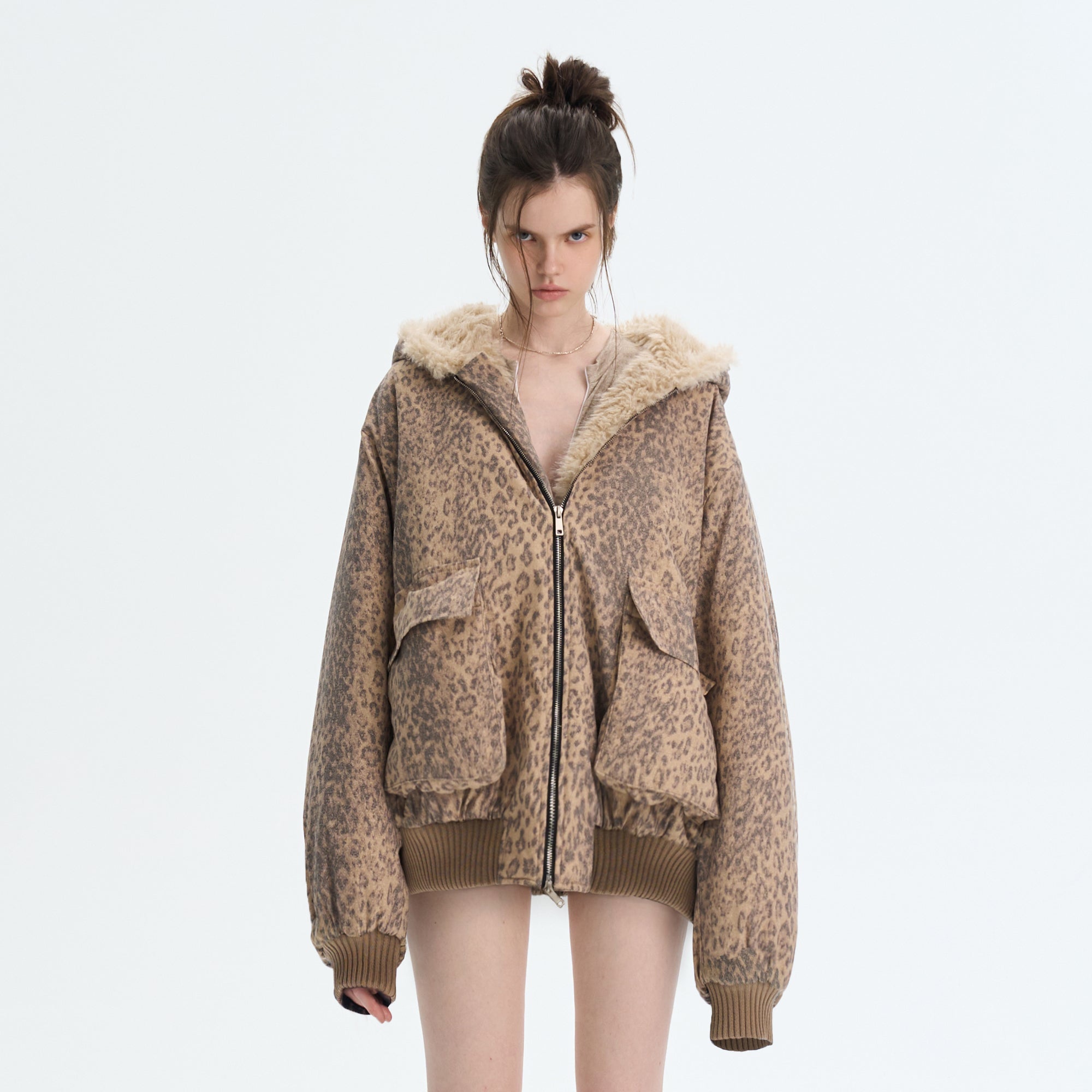 THE NEVERMORE Distressed Leopard Fleece Lined Hooded Jacket