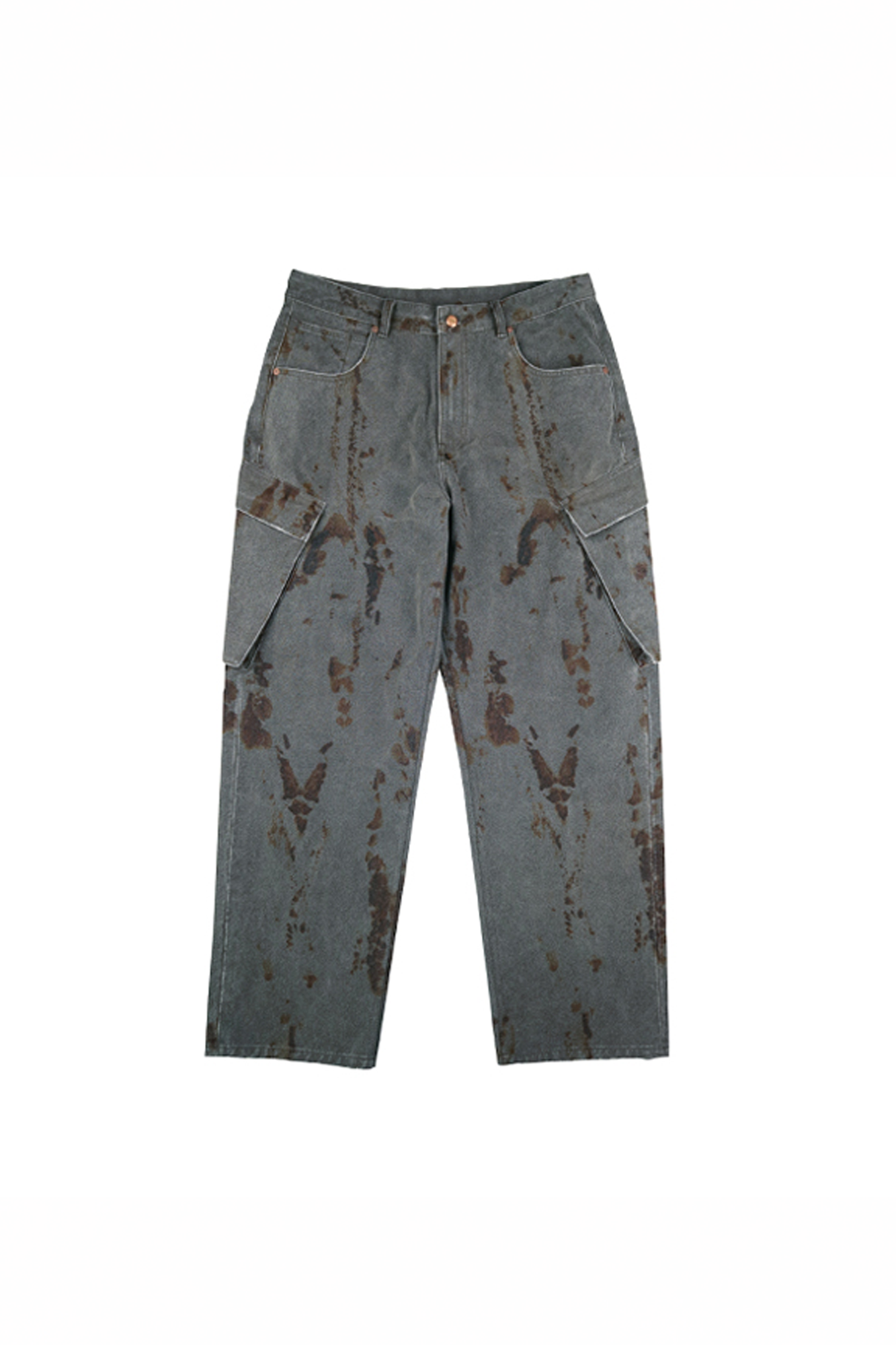 NIANJIUYIKOUER Rust Stain Graphic Washed Cargo Pants, premium urban and streetwear designers apparel on PROJECTISR.com, NIANJIUYIKOUER